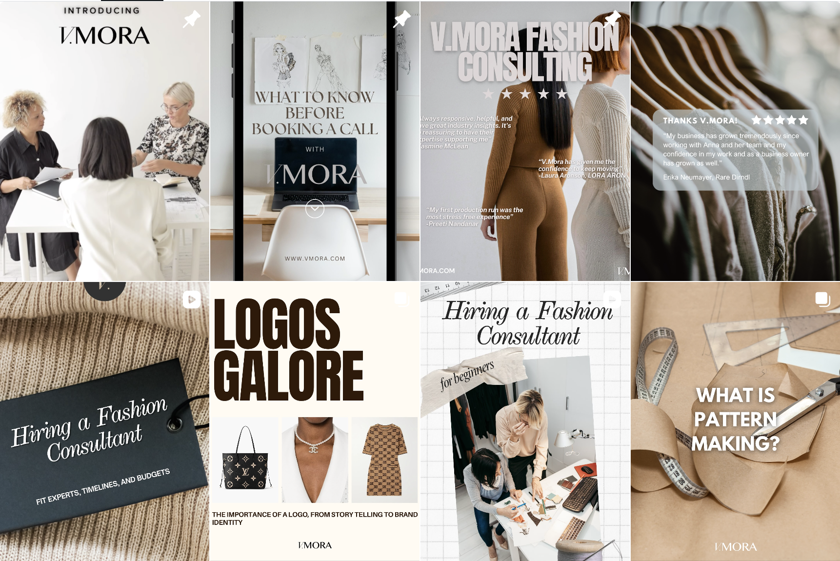 A collage of images and text related to fashion consulting, branding, and pattern making, including scenes of people working, fashion items, and text overlays discussing services and expertise.