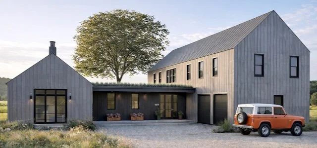 Modern farmhouse at sunrise with Bronco.jpeg