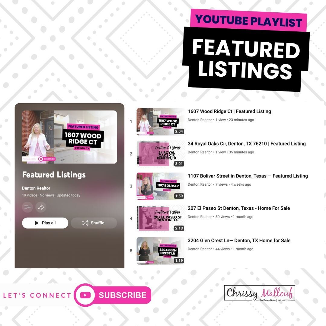 Did you catch your #dentonrealtor featured listings this week? We've added few highlights over on YouTube. Check out the &quot;Featured Listings&quot; playlist here -&gt; https://youtube.com/playlist?list=PLf2em30-fGVAmRYG9VfesUjSi2n8Ap4lb&amp;si=D8w