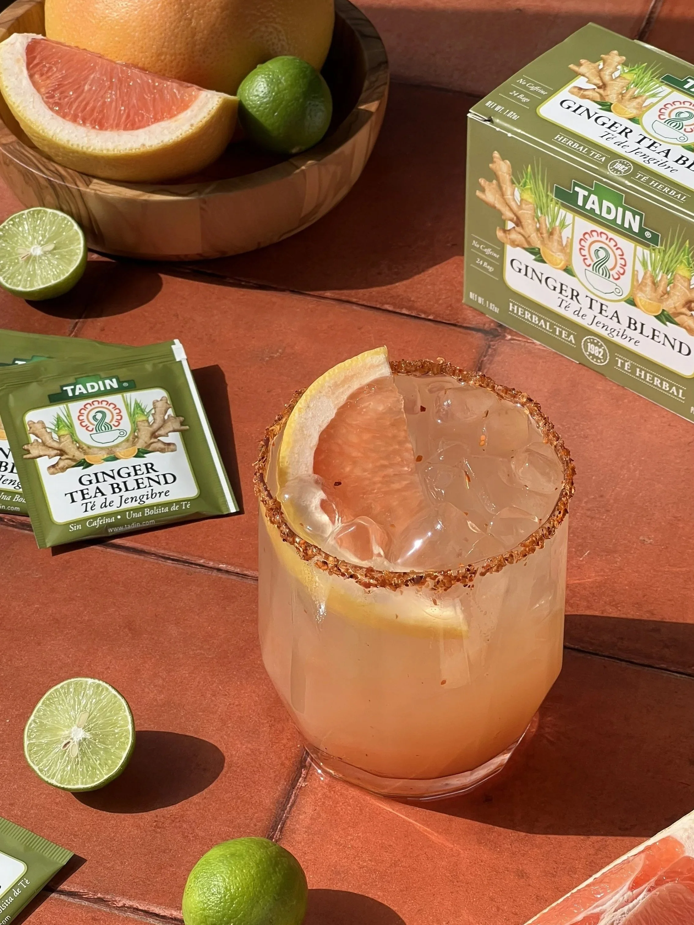 This colorful, non-alcoholic Ginger Palomita was a tea-infused take on the classic Paloma cocktail using Tadin's Ginger Blend Tea.