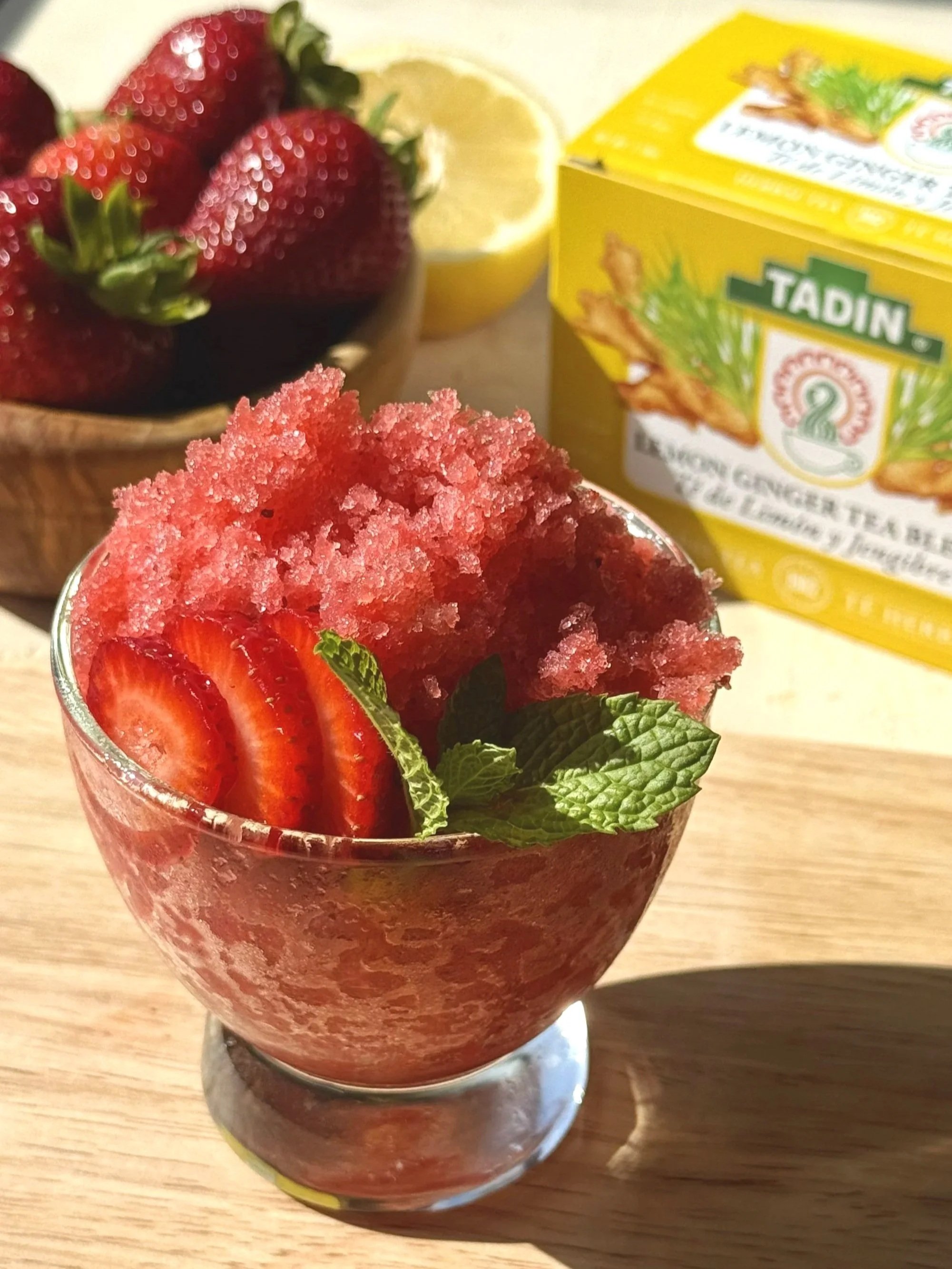 The Raspado Vital, summer strawberries & Tadin's Lemon Ginger Tea blended up and frozen into a downright delicious dessert!