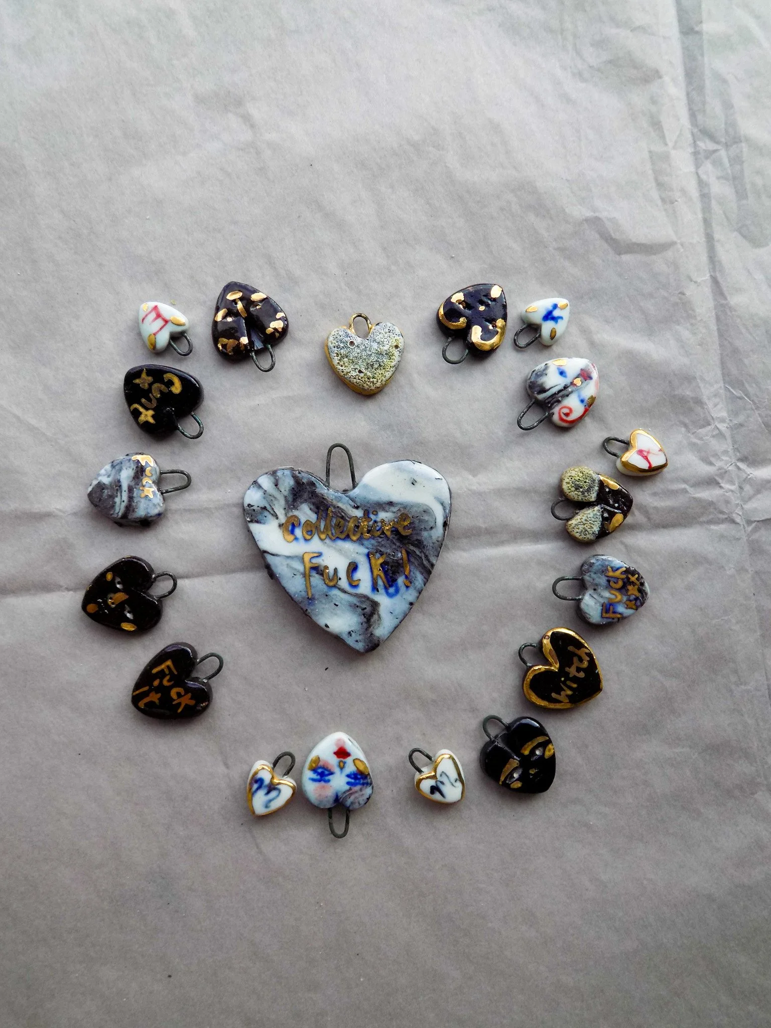 Porcelain and Black Clay Heart Face and Dirty Mouth Charms