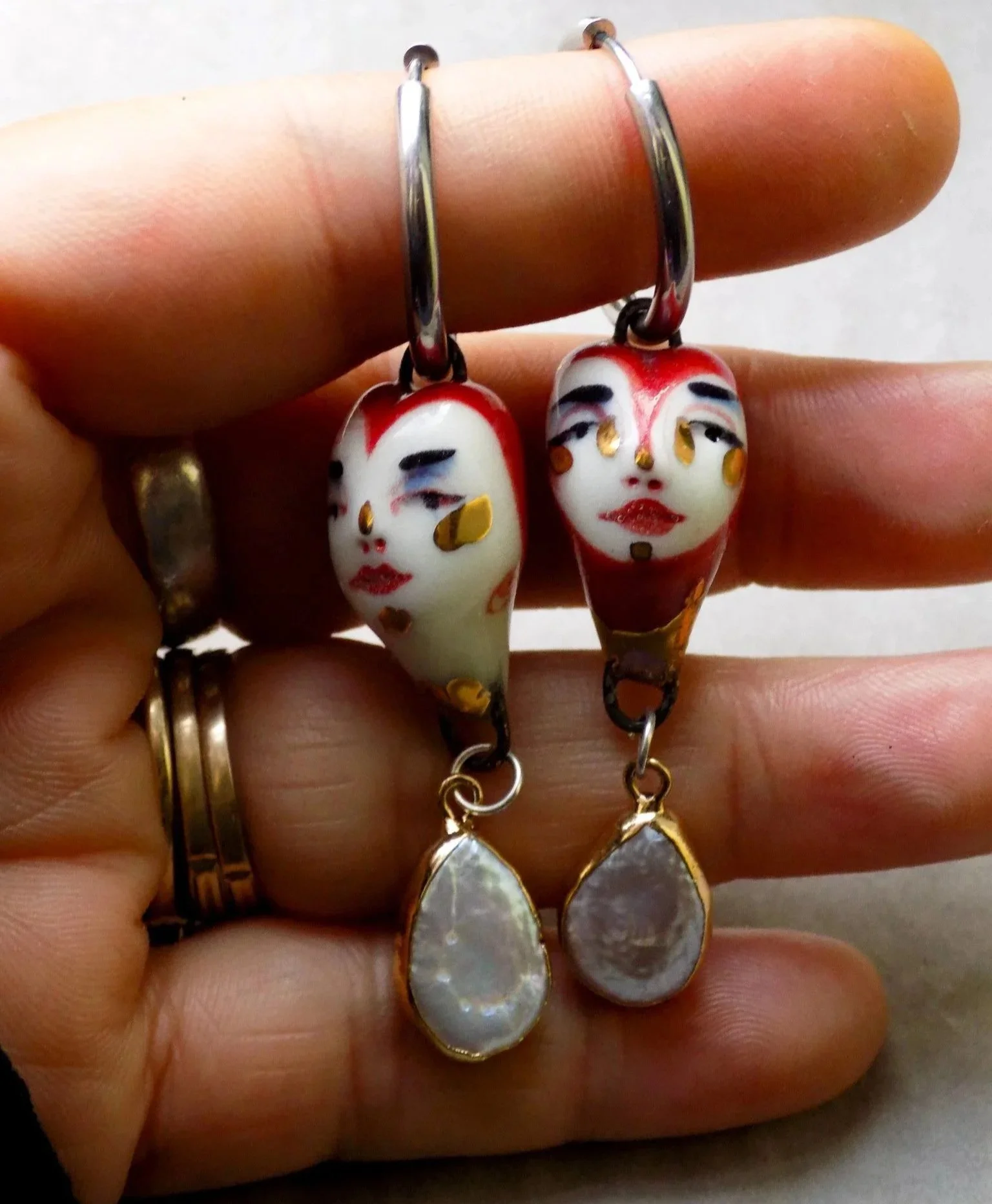 Deluxe Porcelain Dangly Red Capped Earrings with Real Pearls