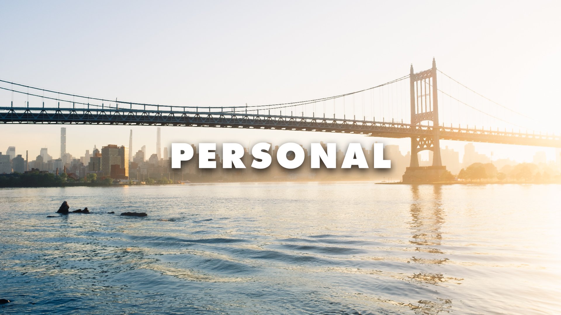 A city skyline with a suspension bridge over a river at sunrise or sunset, with the word "PERSONAL" in bold white letters across the center.