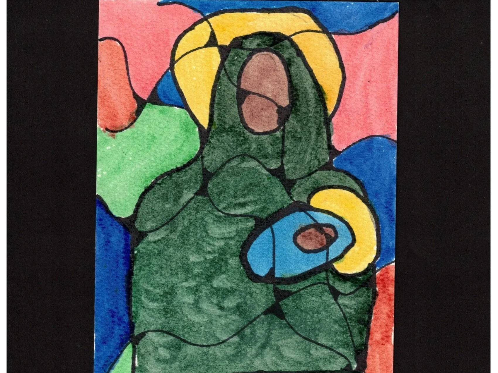 Colorful abstract drawing of a person with long hair, holding a small creature, with a background of pink, blue, green, and yellow areas, outlined with black lines.