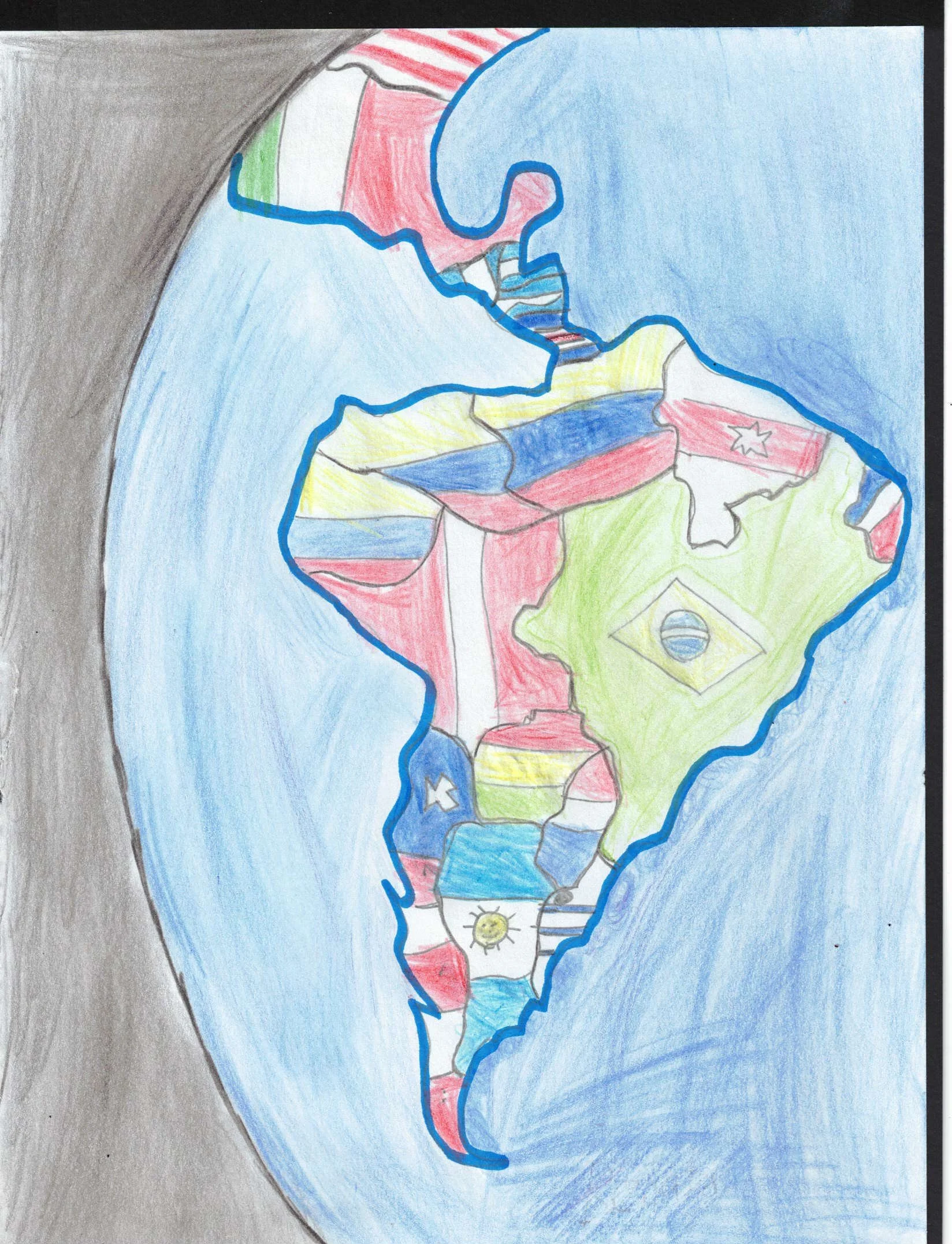 A hand-drawn map of South America with colors representing different countries and their flags, including Brazil with its flag visible in the center. The map is colored with crayons and has a blue outline.