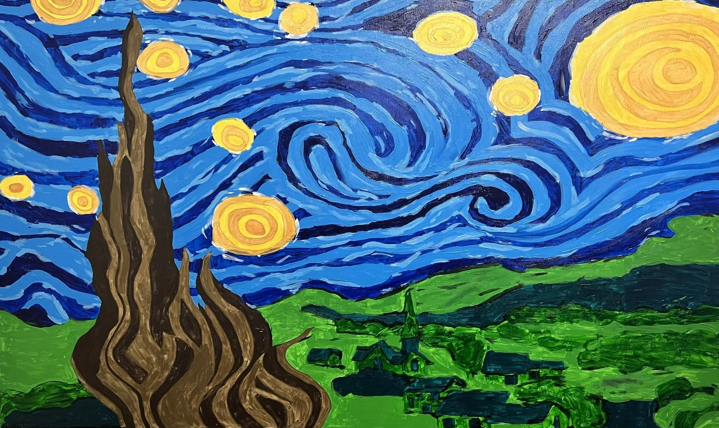 Impressionist-style painting of a night sky with swirling blue patterns and bright yellow stars. There is a large, twisted tree in the foreground and a green hilly landscape with small dark houses at the bottom.