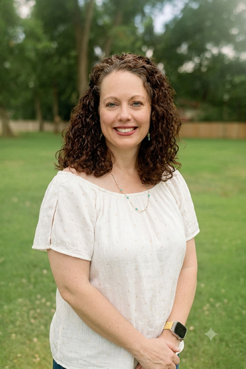 A woman with curly brown hair smiling outdoors, wearing a light beige top, yellow patterned skirt, and a smartwatch on her left wrist, standing on a green lawn with trees and a wooden fence in the background.