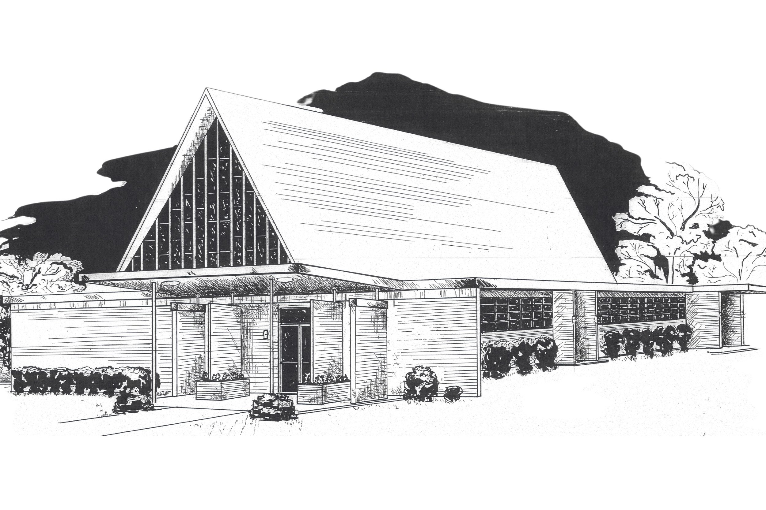 A black and white sketch of a modern building with a triangular roof and large windows, surrounded by trees and bushes.