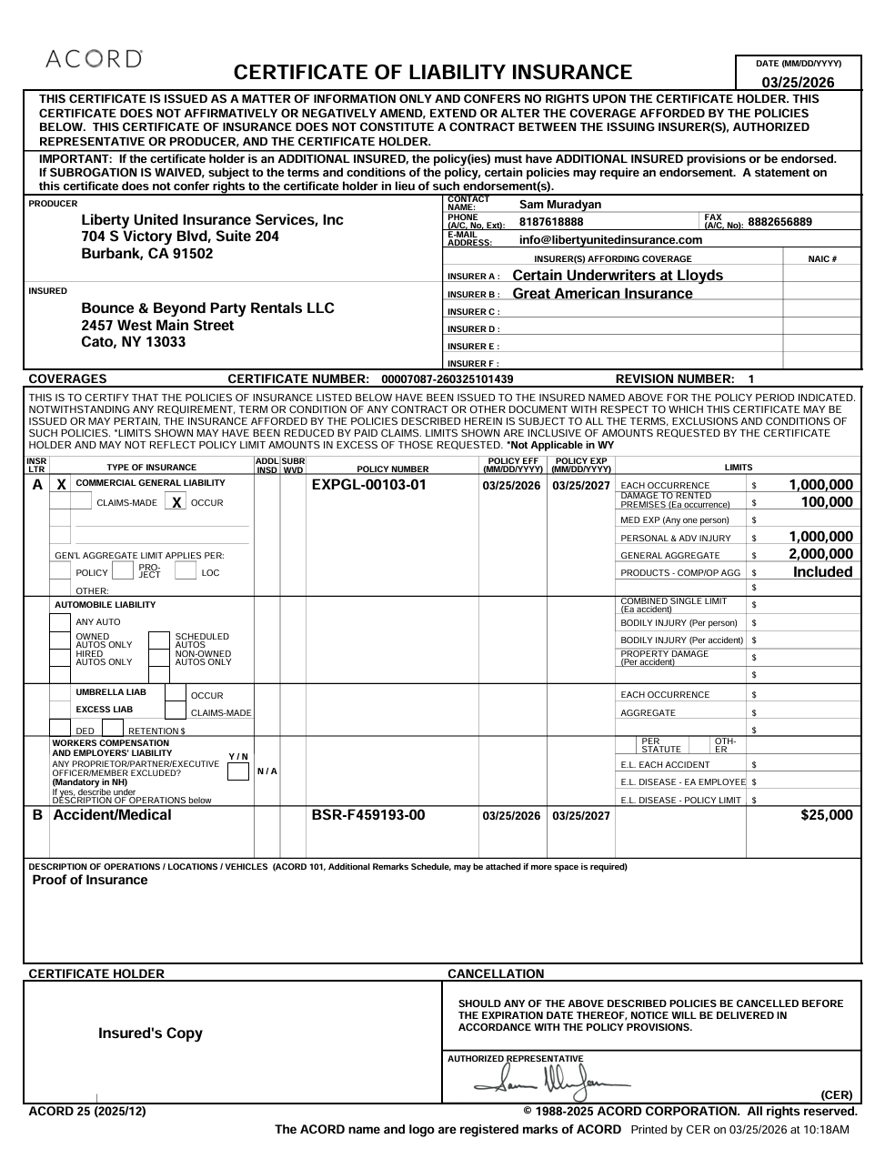 COI - Certificate of Liability Insurance