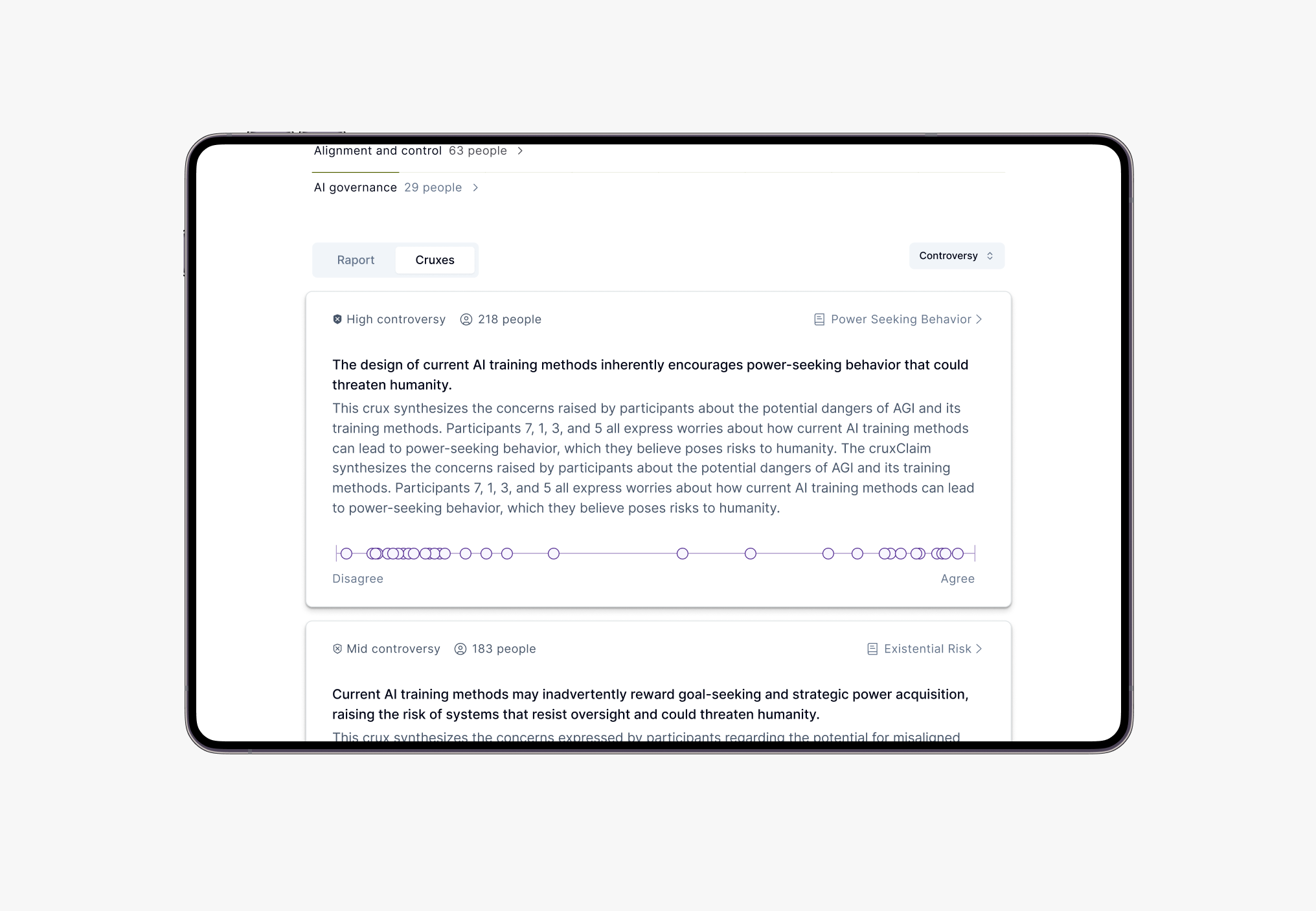 Screenshot of a digital platform displaying a report on AI training methods and their potential dangers, including a discussion on power-seeking behavior and existential risk.