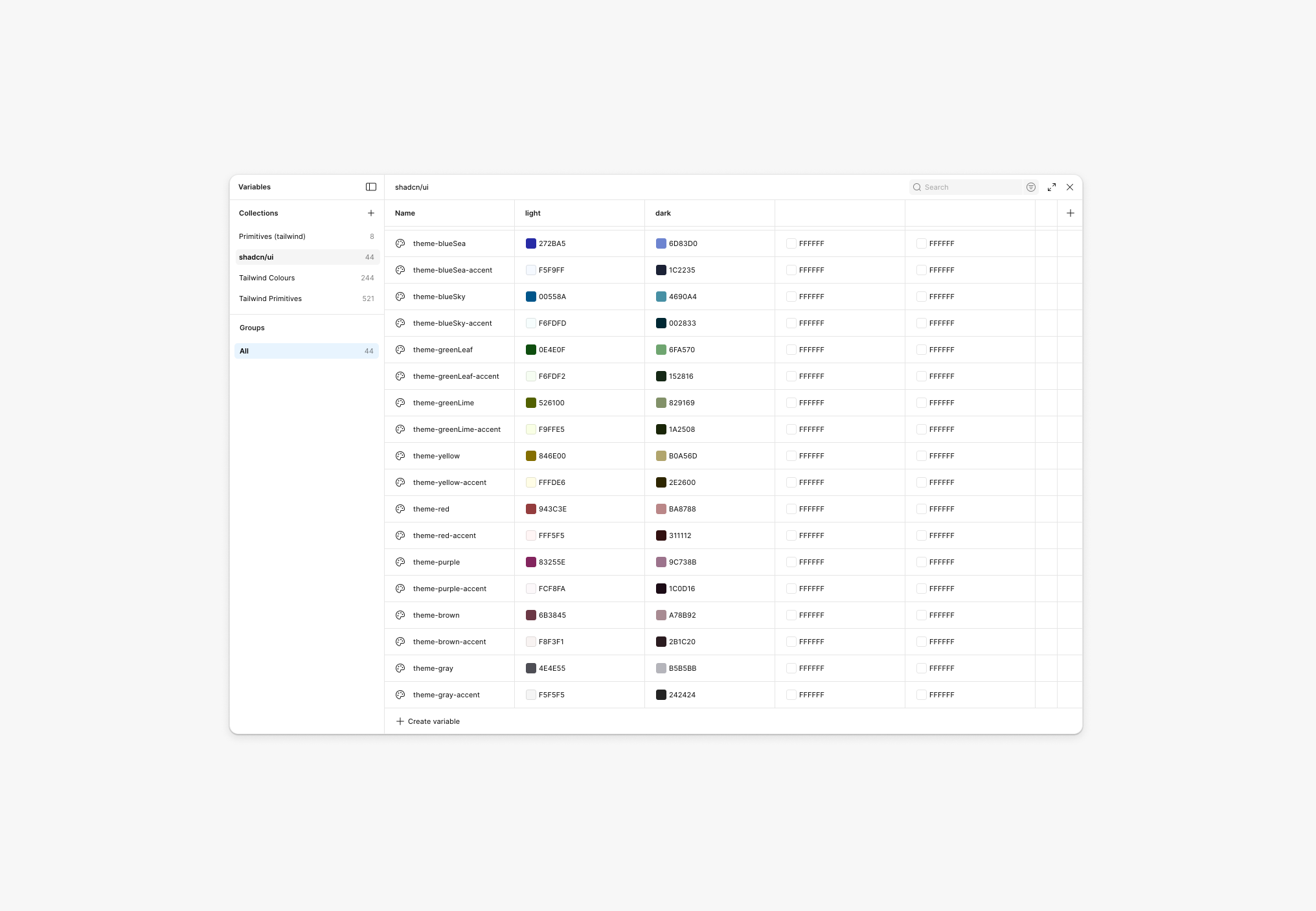 Screenshot of a color palette software interface showing various color variables with their names, light and dark shades, including blues, greens, yellows, reds, purples, browns, and grays, organized in categories and displayed alongside color codes.