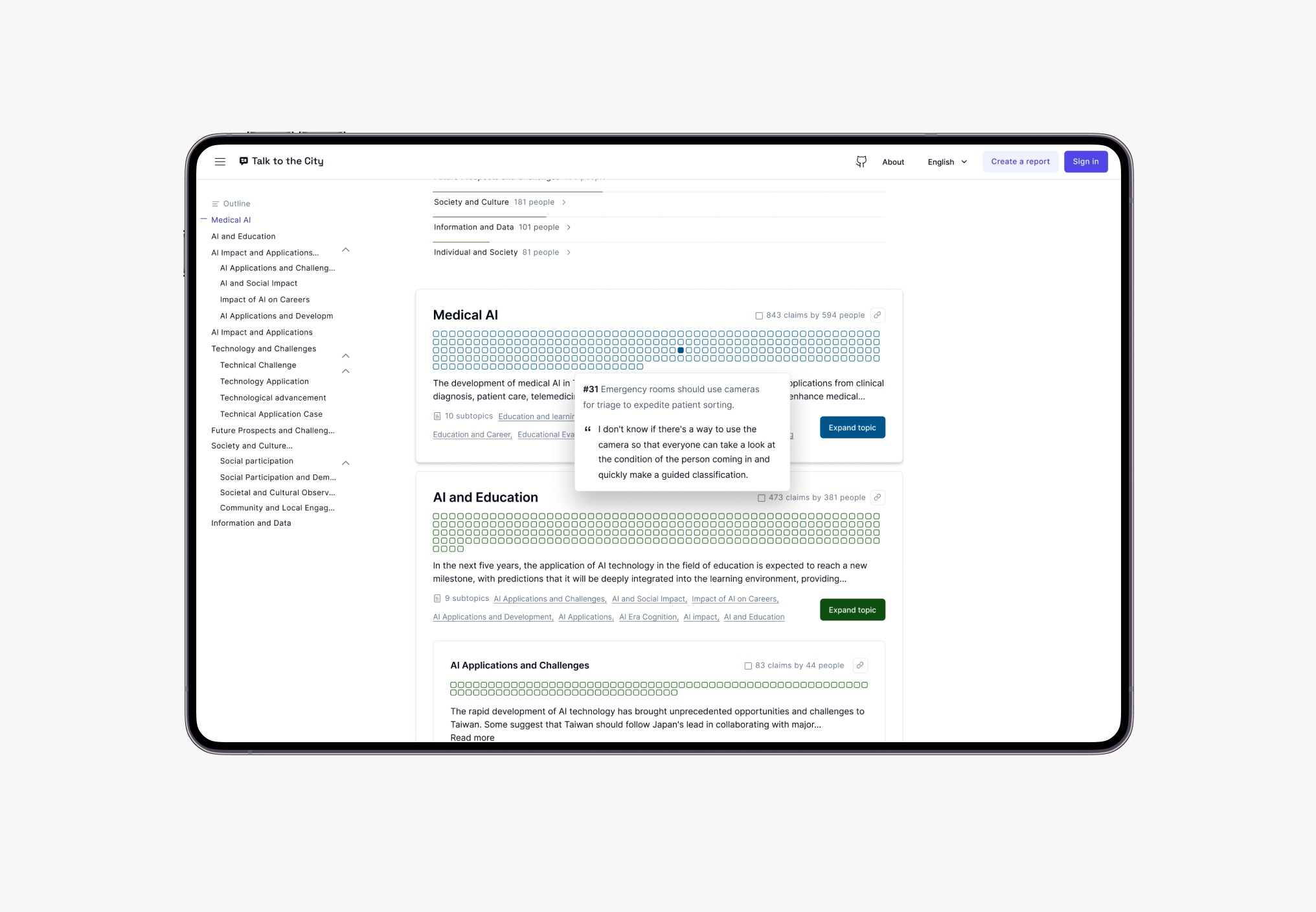 Screenshot of a webpage titled 'Talk to the City' showing sections about society and culture, information and data, and individual and society. The page includes topics on Medical AI, AI and Education, and AI Applications and Challenges, with expanda