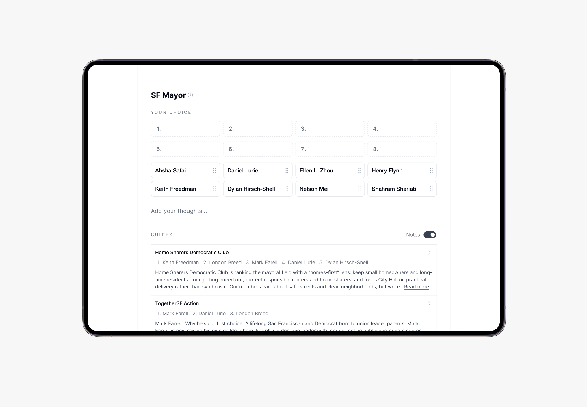 Graphics of a digital ballot on a tablet screen with votes for SF Mayor, displaying names and options, and sections for comments and guides.