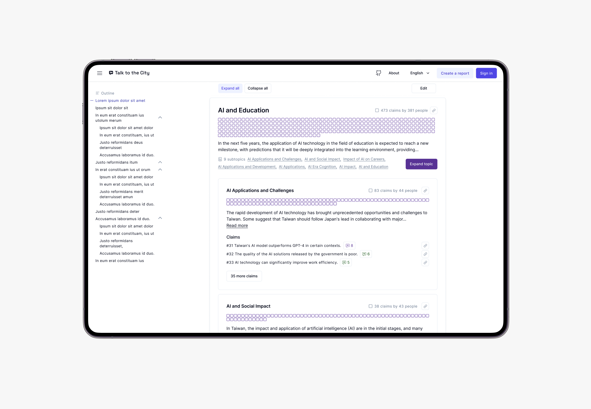 Screenshot of a webpage titled 'AI and Education', with sections on AI applications and challenges, and social impact, containing summarized text, claims, and links, viewed on a tablet device.