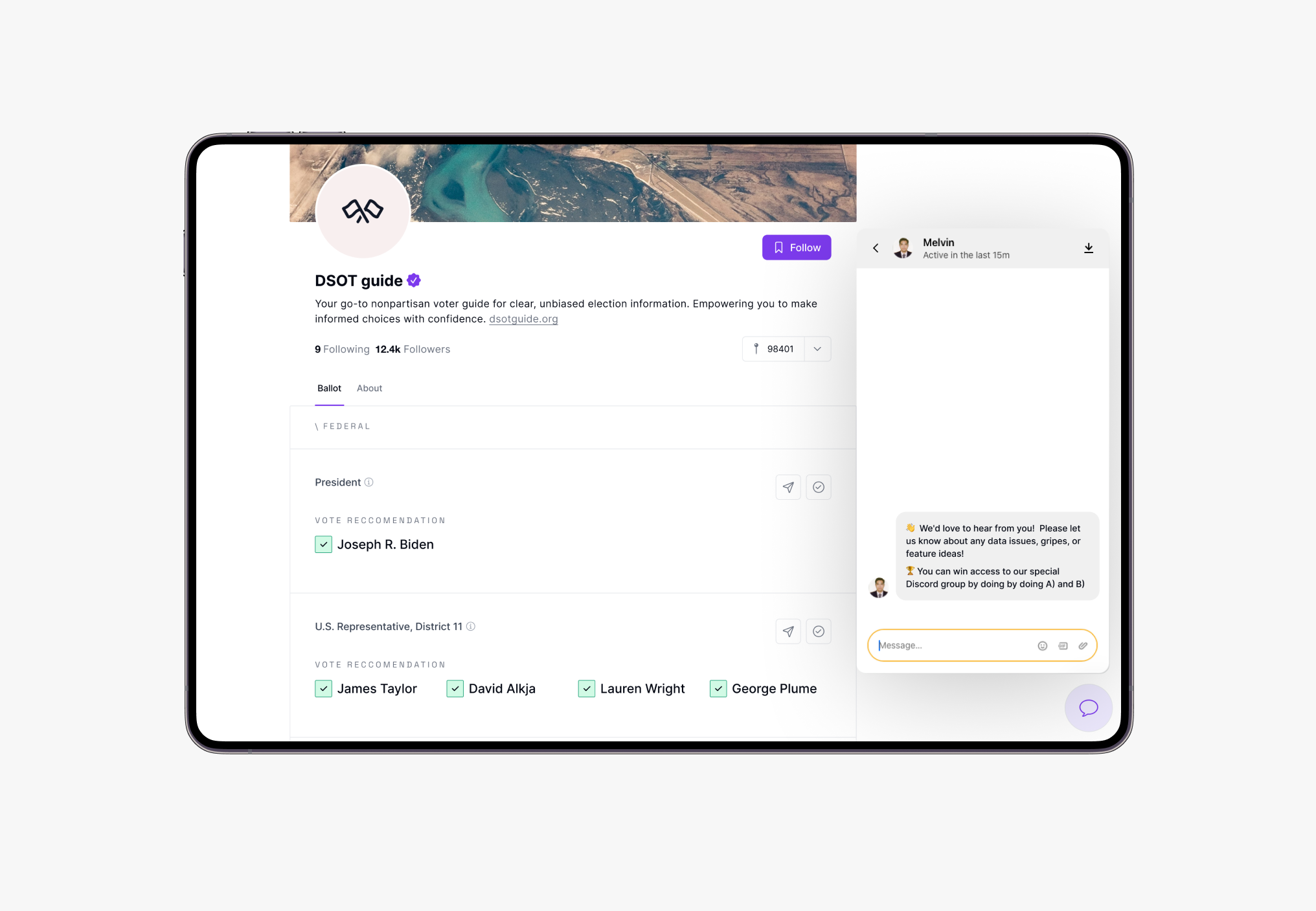 Tablet screen displaying a political voting guide webpage with a chat window on the right side, showing a message from Melvin.