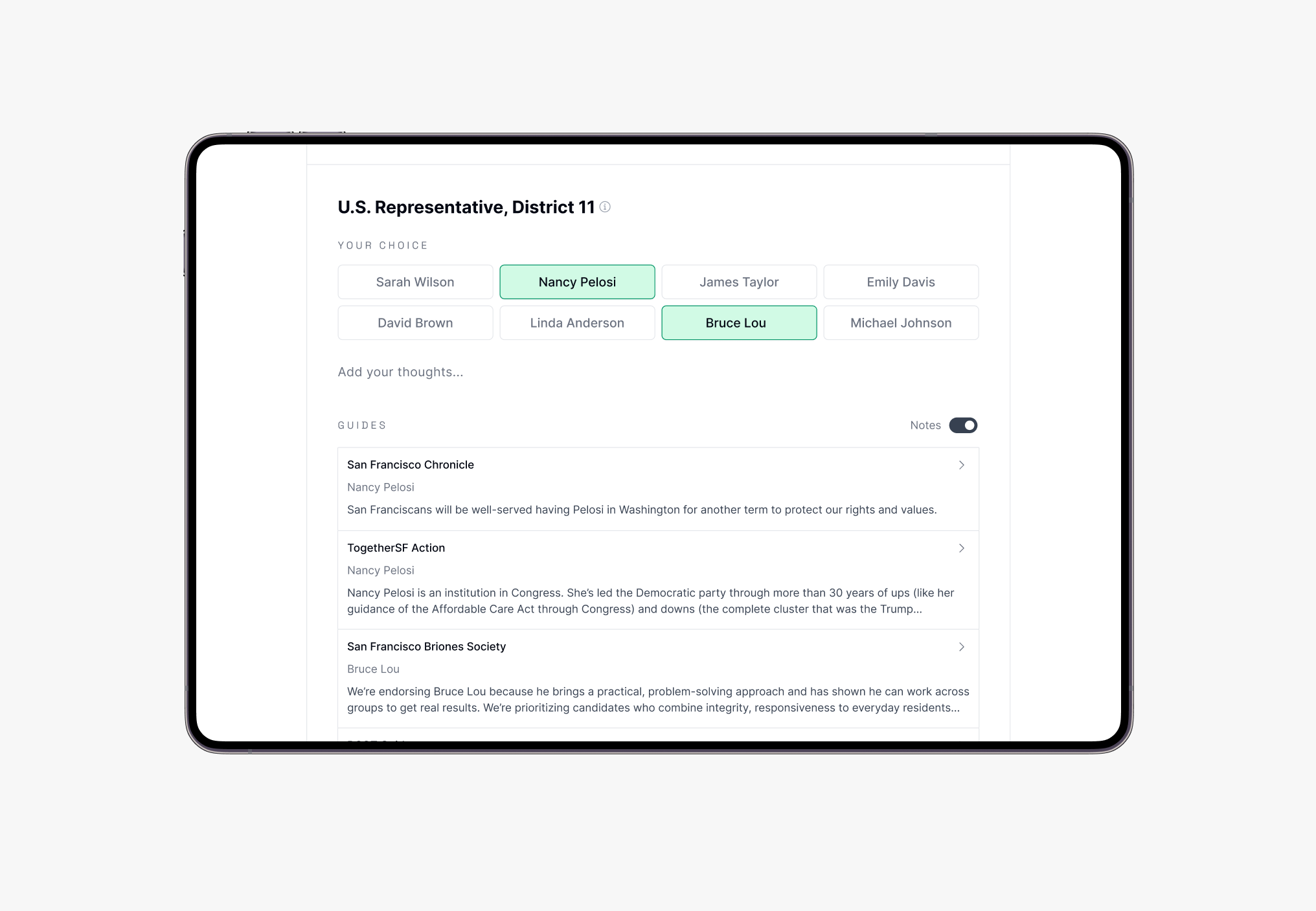 Tablet screen displaying a political candidate selection and commentary page with the title "U.S. Representative, District 11." The page shows a list of candidates with three highlighted in green: Nancy Pelosi and Bruce Lou, and others unhighlighted.