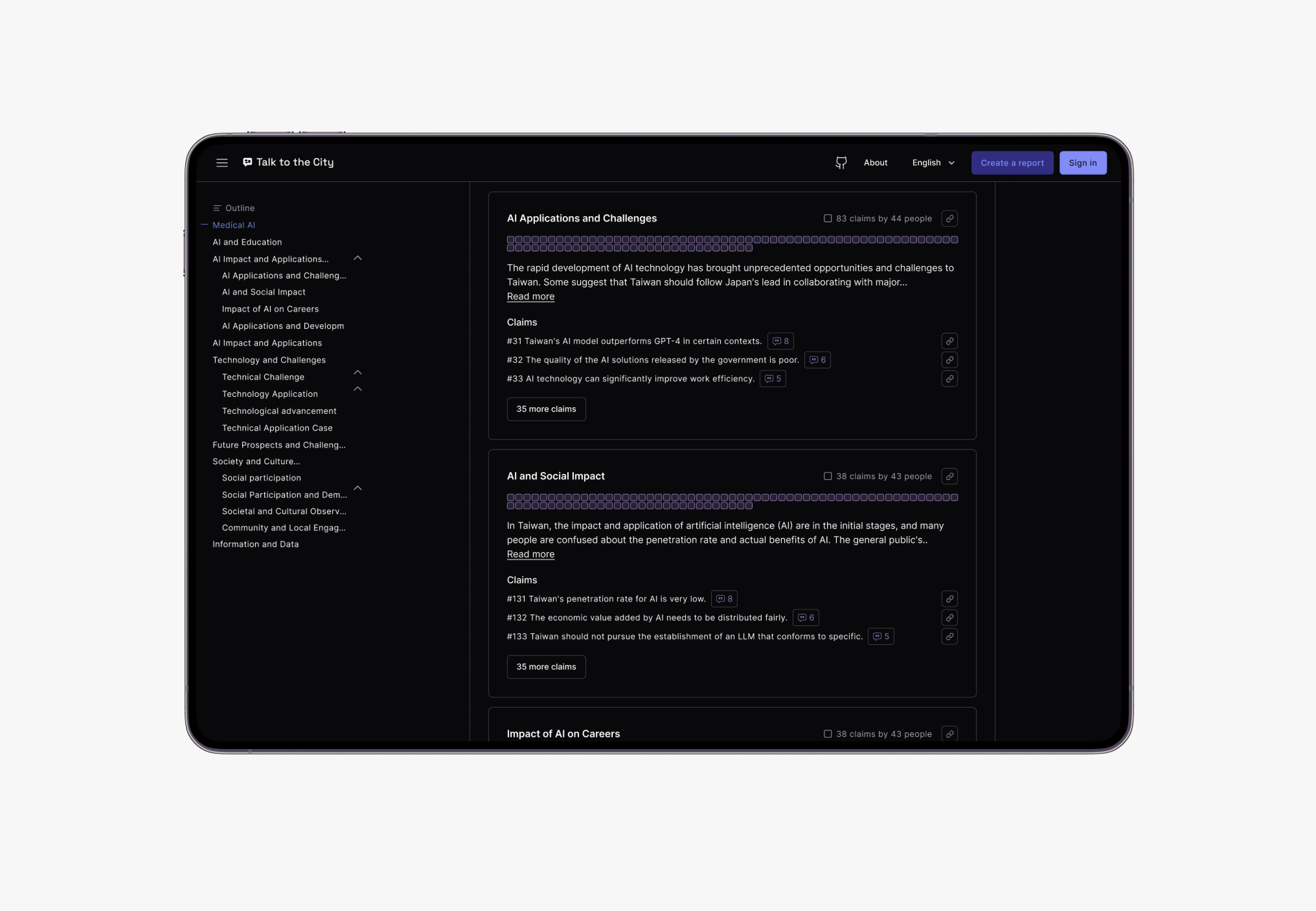 Tablet screen displaying a dark-themed interface with sections on AI applications and challenges, social impact, and related claims, with navigation options like Sign In and Create a report at the top.