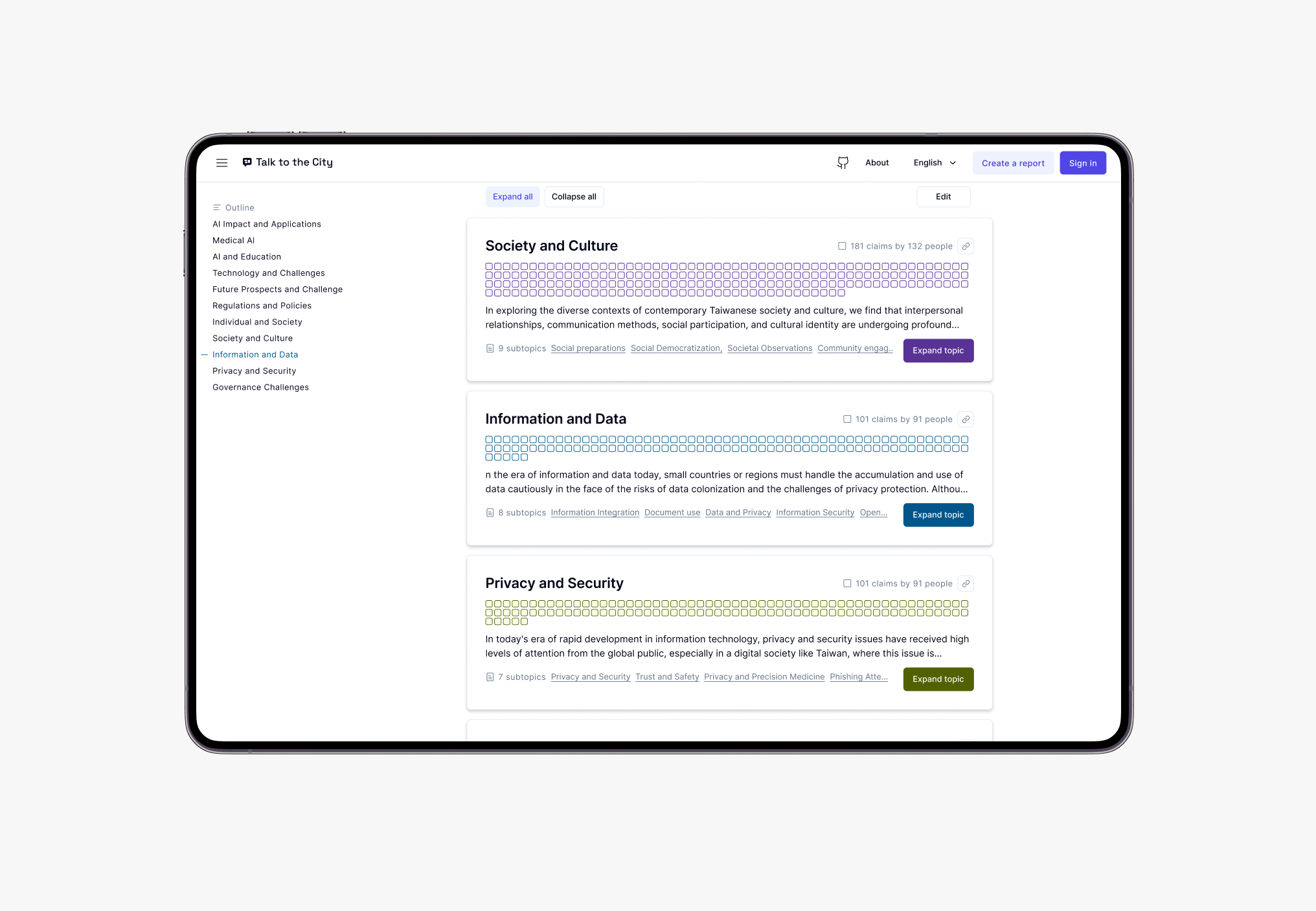 Screenshot of a digital report interface titled "Talk to the City" displaying sections on Society and Culture, Information and Data, and Privacy and Security, with expand buttons and filters on a tablet screen.