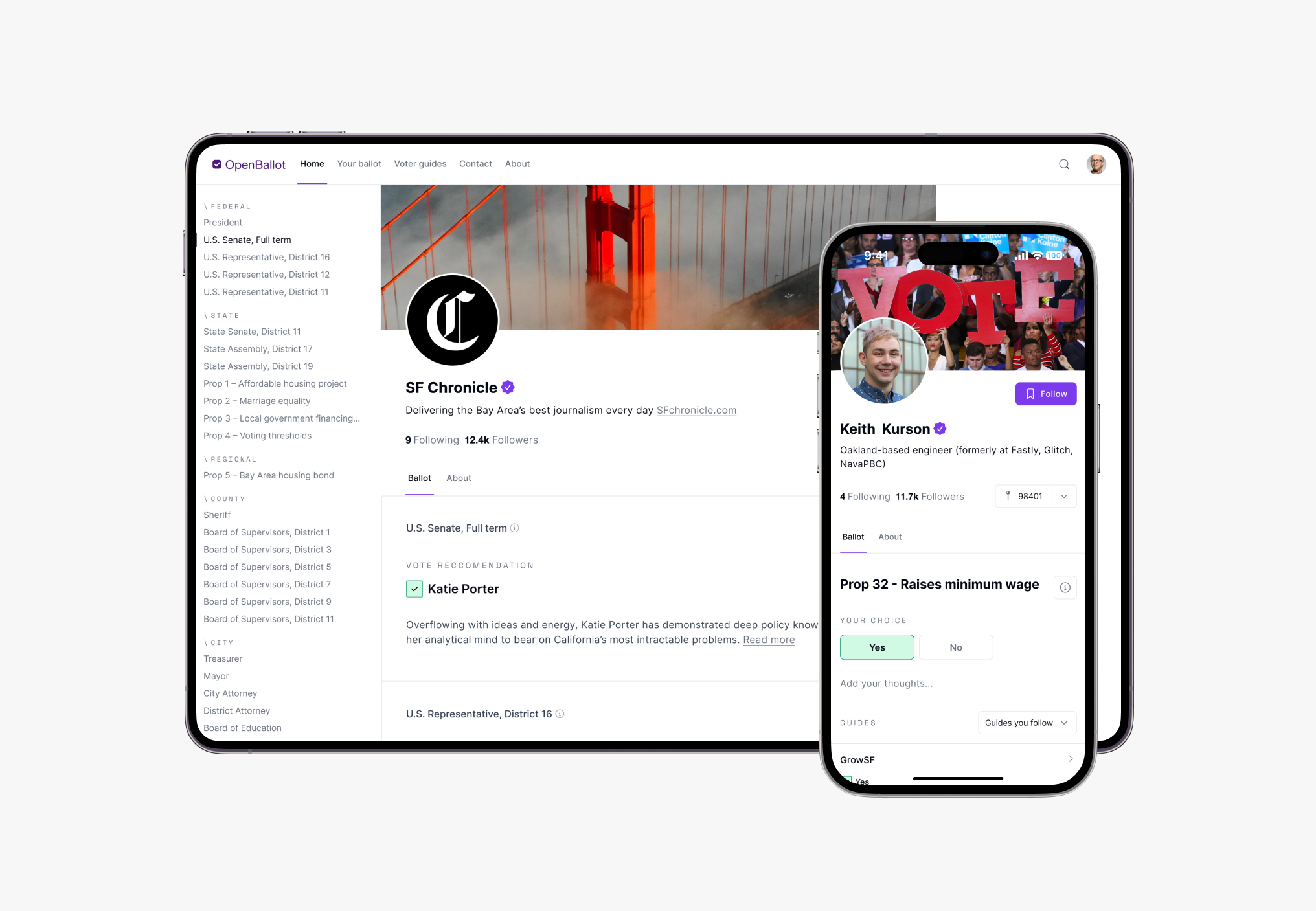 A tablet and a smartphone displaying a voting website with candidate profiles, election choices, and voter information in a modern digital interface.