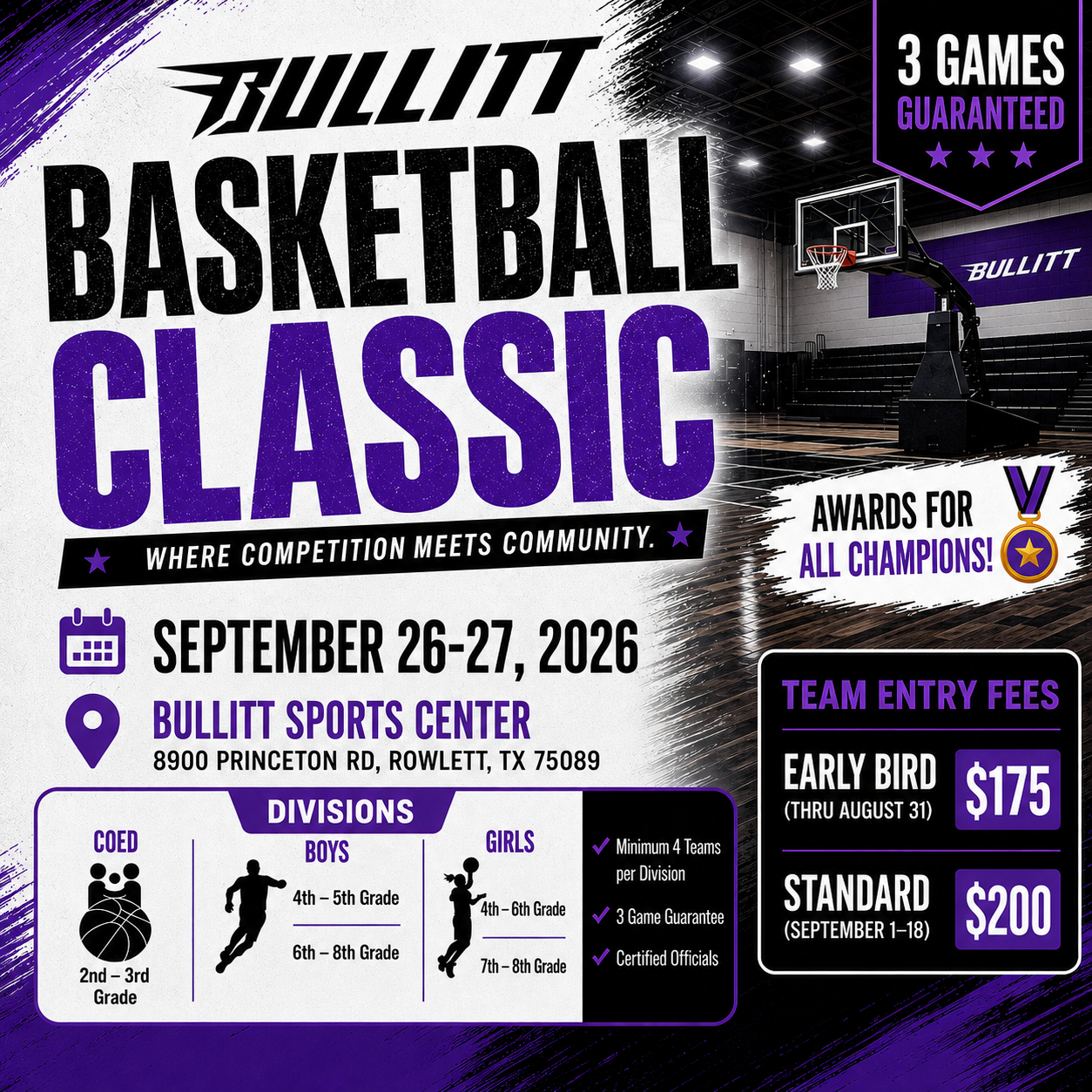 Poster for Bullitt Basketball Classic tournament at Bullitt Sports Center in Rowlett, Texas, on September 26-27, 2026. Features divisions for boys and girls from 2nd grade to 8th grade, with team entry fees of $175 for early bird and $200 for standard registration. Posters highlight awards for all champions and include information on division specifics, dates, location, fees, and contact details.