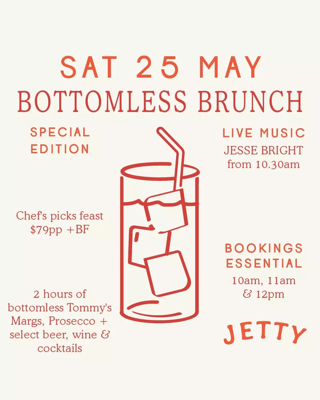 Join us for a special edition of Bottomless Brunch on Saturday 25 May! You&rsquo;ll be serenaded by talented local muso, Jesse Bright&nbsp;🥂🎶 

Enjoy Chef&rsquo;s brunch picks with 2 hours of free-flowing bottomless Tommy&rsquo;s Margaritas, Prosec
