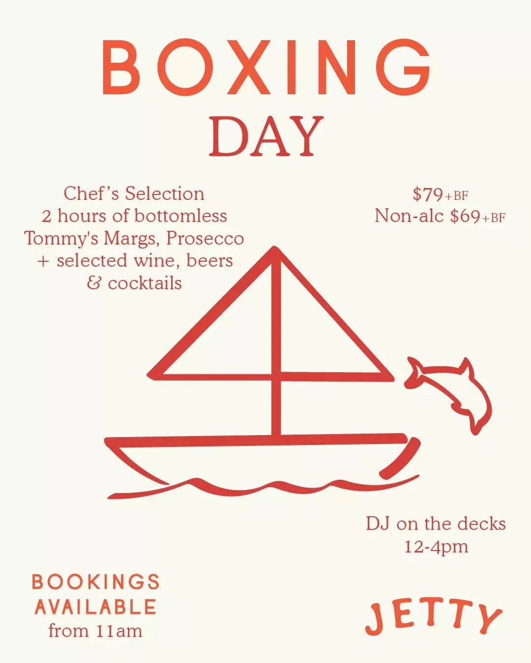BOXING DAY AT JETTY 🎉 Keep the festivities rolling on Boxing Day!

Keep the Christmas merriments rolling and slide straight into Boxing Day mode and start the day with Bottomless Brunch.

Enjoy Chef&rsquo;s selected feast and two hours of free-flowi