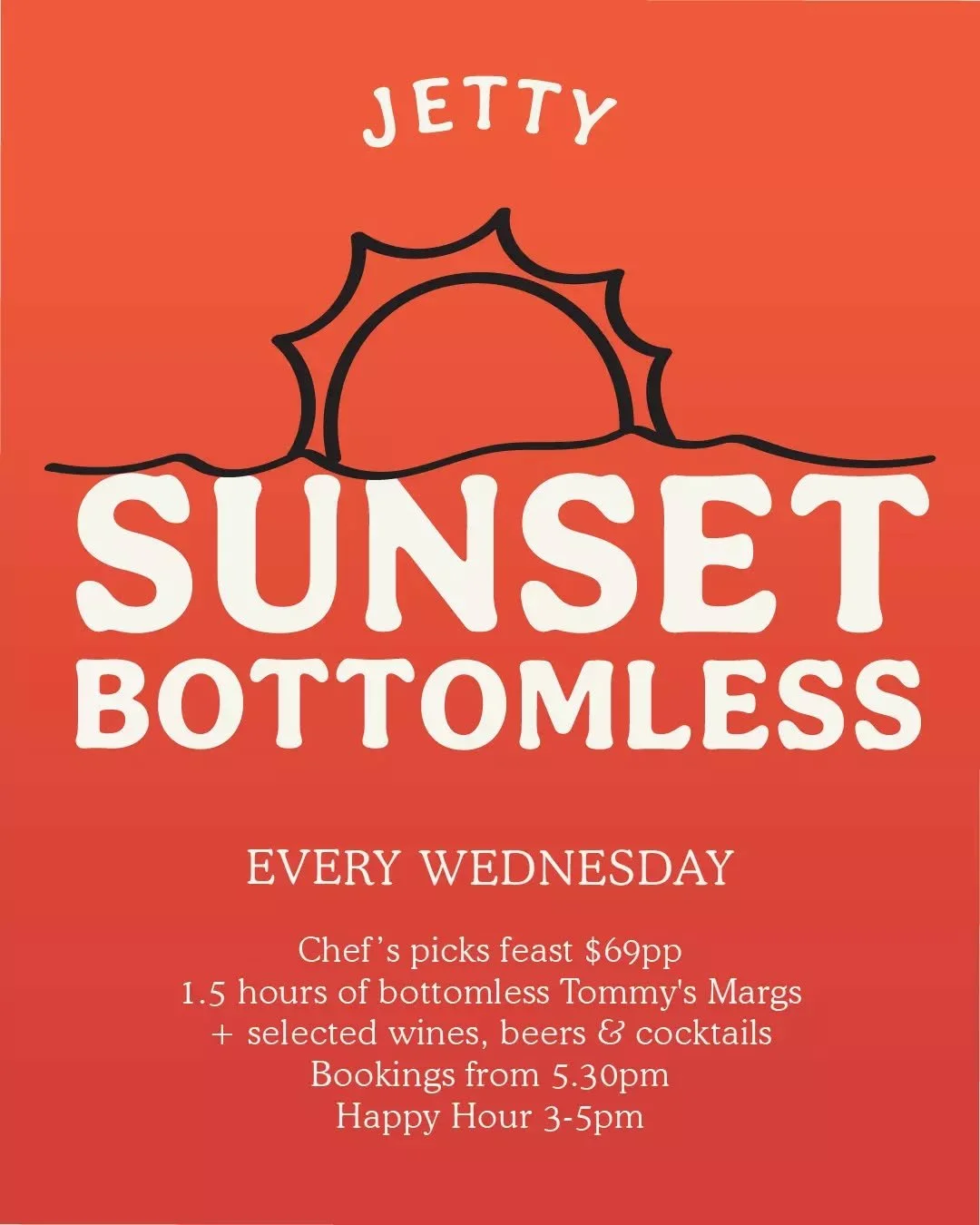 Sunset Bottomless 🌅 Every Wednesday! 

Join us for Jetty&rsquo;s Sunset Bottomless, a riverside feast that makes the most of golden hour!

Enjoy 90 minutes of free-flowing Tommy&rsquo;s Margaritas, Southcamp beers and select wine &amp; cocktails. 

