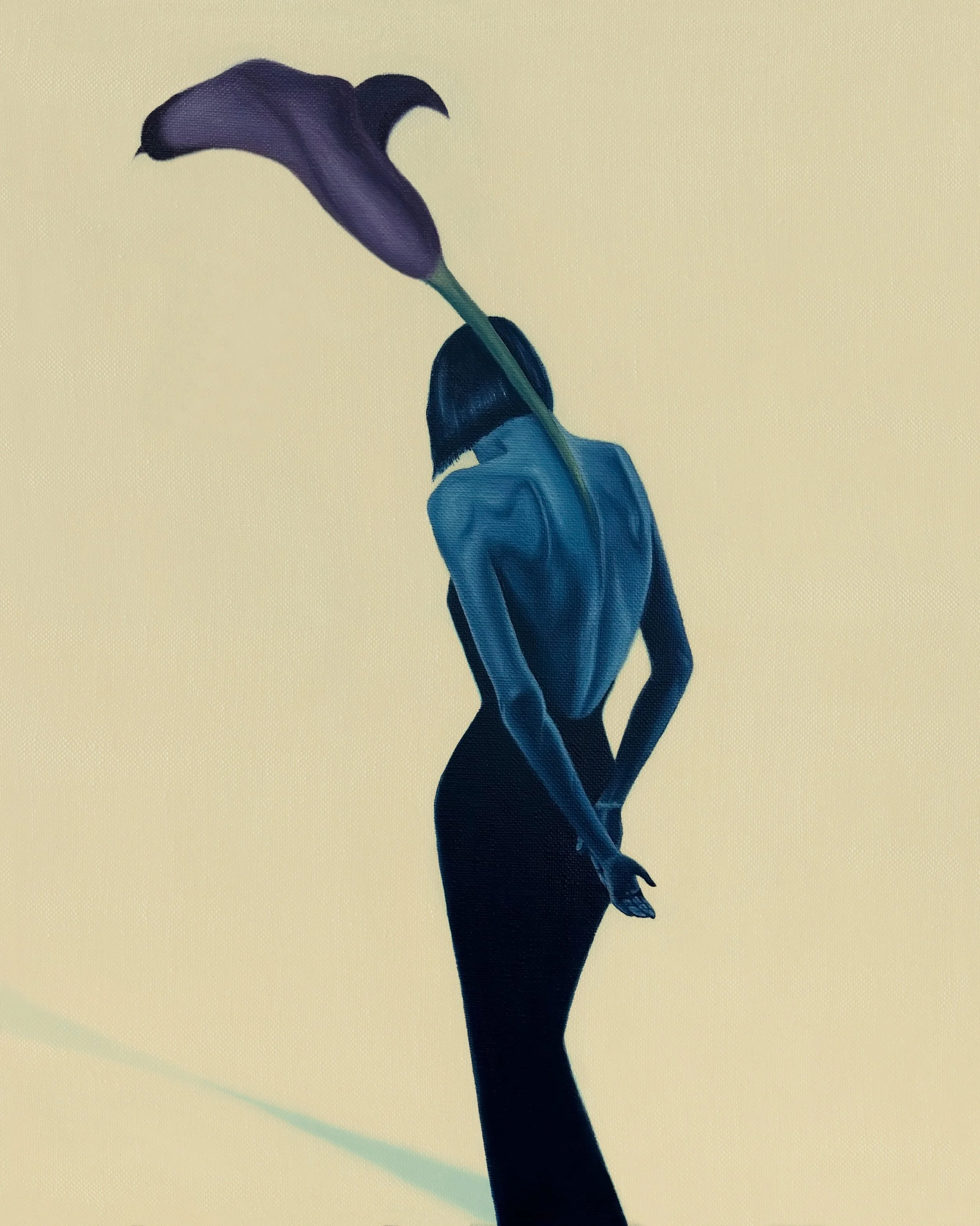 A painting of a woman with her back turned and a purple calla lily flower growing out of her back.