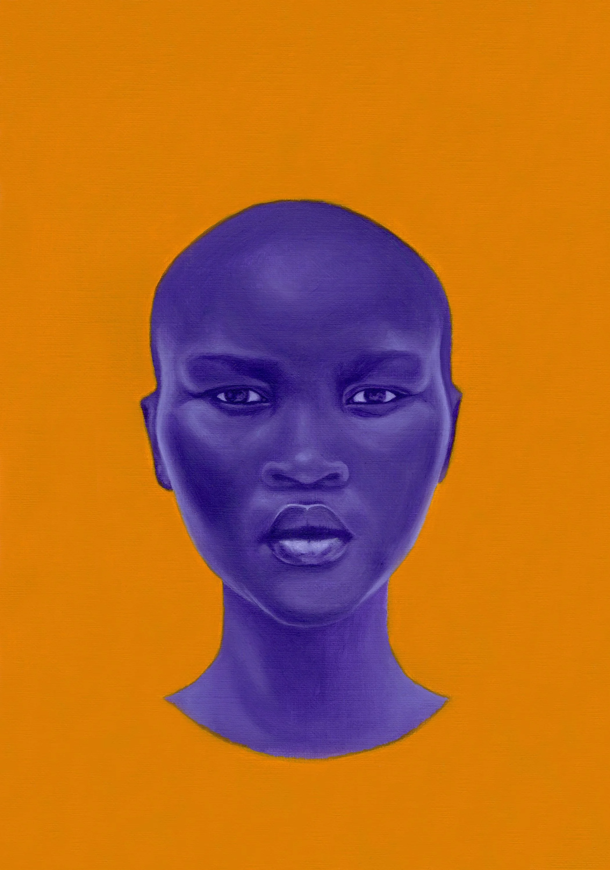 1 of 3 portraits in a colour theory collection. This is a realistic portrait of a bald alien being with purple skin and an androgynous look, set against a warm yellow background.