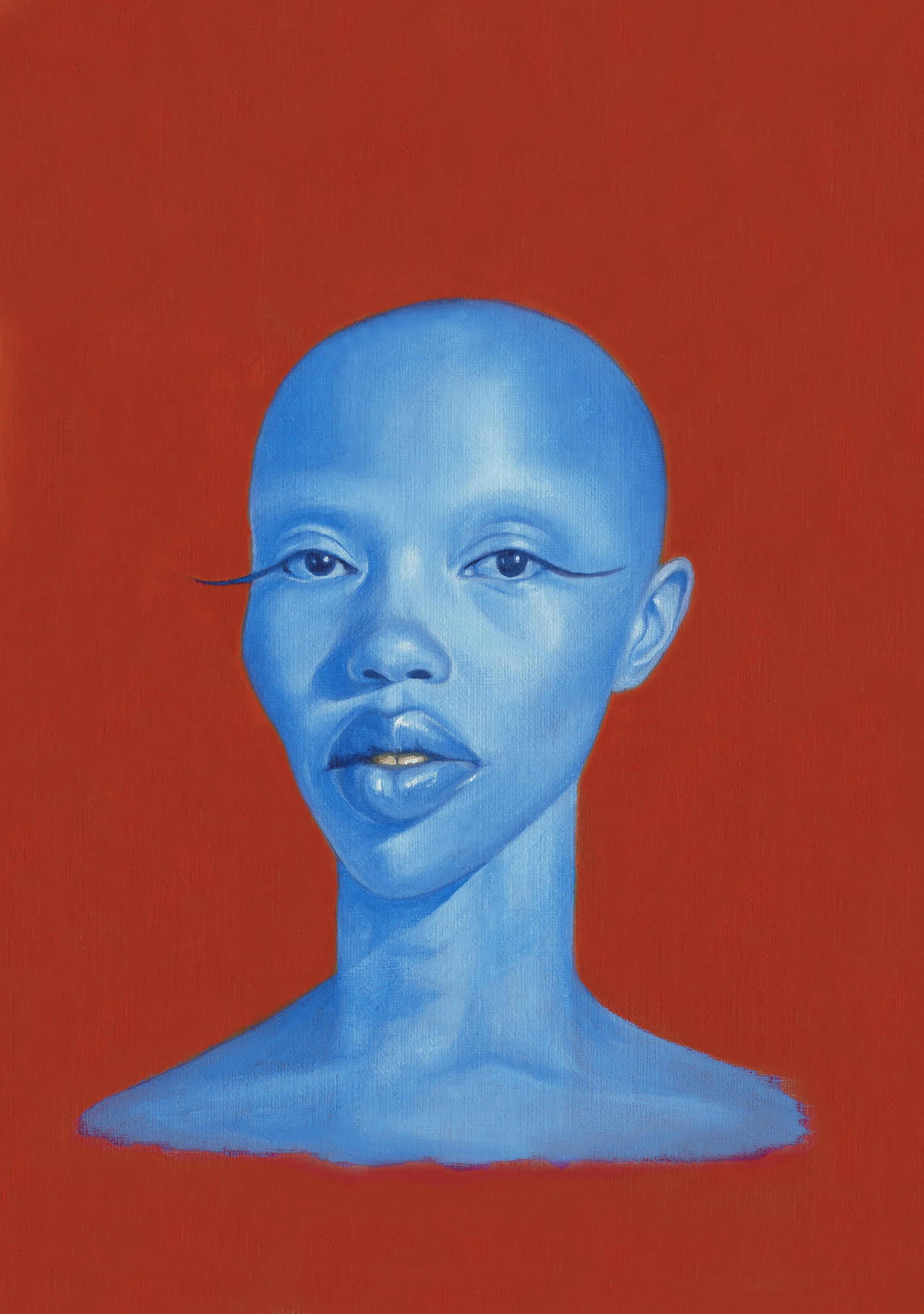 1 of 3 portraits in a colour theory collection. This is a realistic portrait of a bald alien being with blue skin and an androgynous look, set against an hot orange background.
