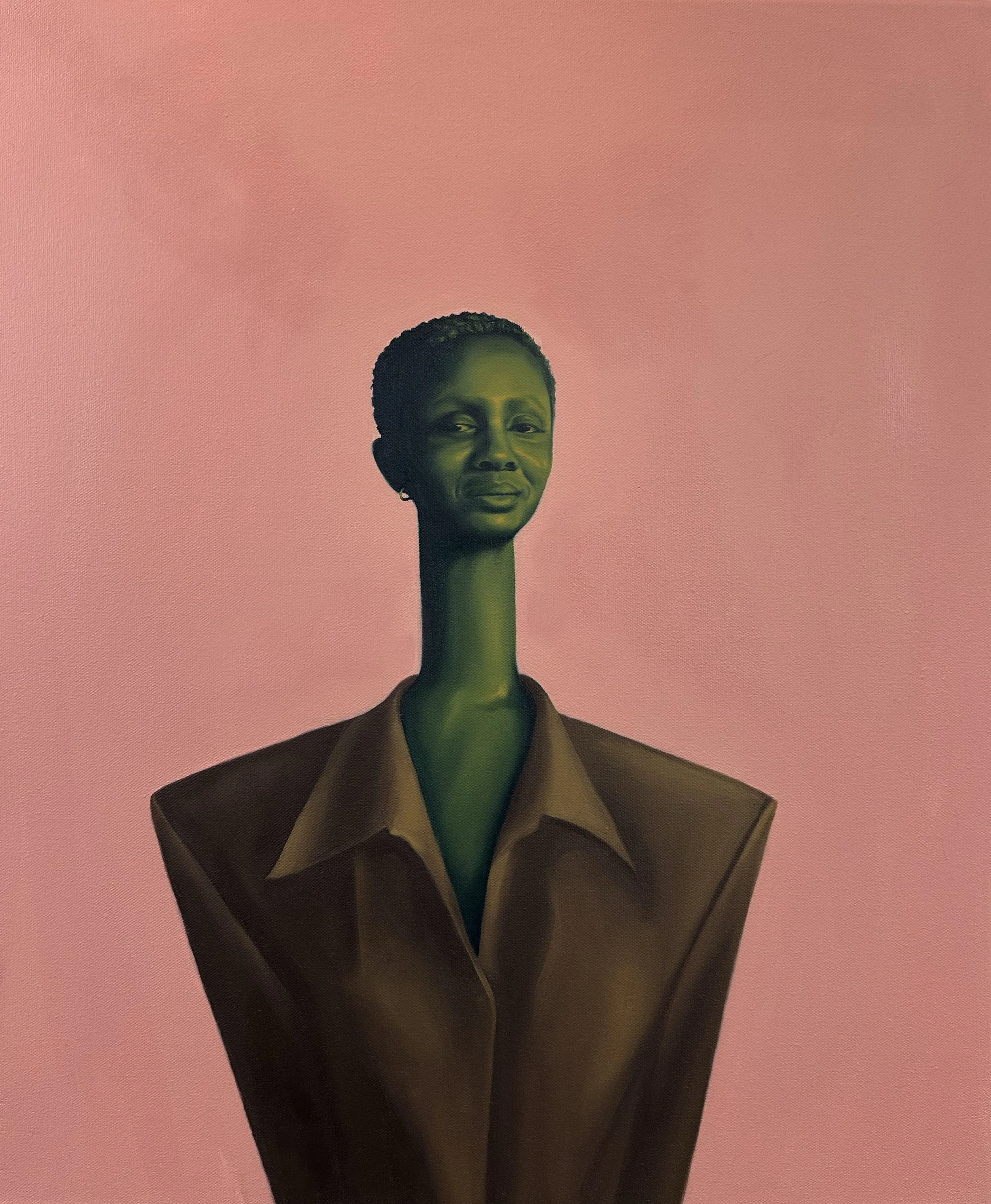 A surreal painting of a woman with a green face and a long neck, wearing a brown blazer, against a pink background.