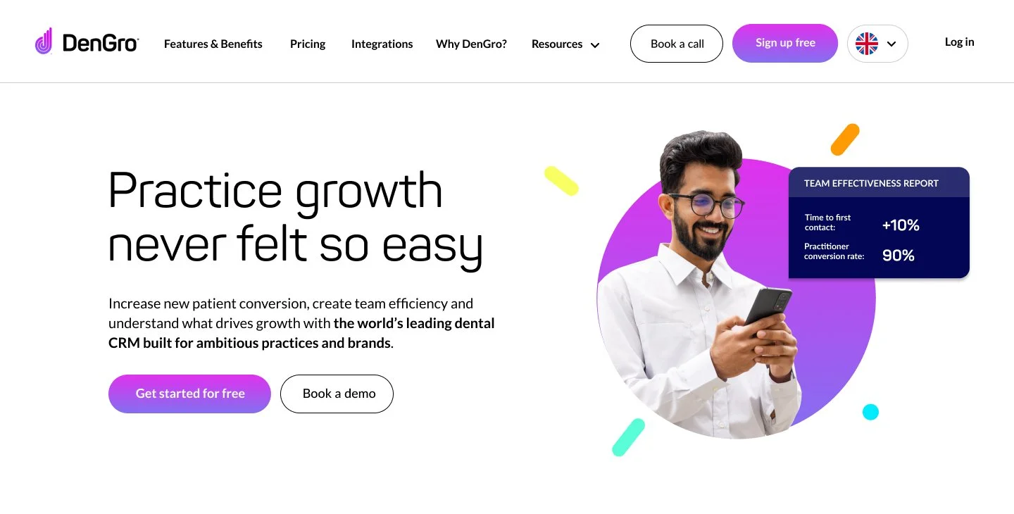Screenshot of DenGero website homepage featuring a man looking at his phone, with a team effectiveness report overlay, and buttons for free trial and demo.