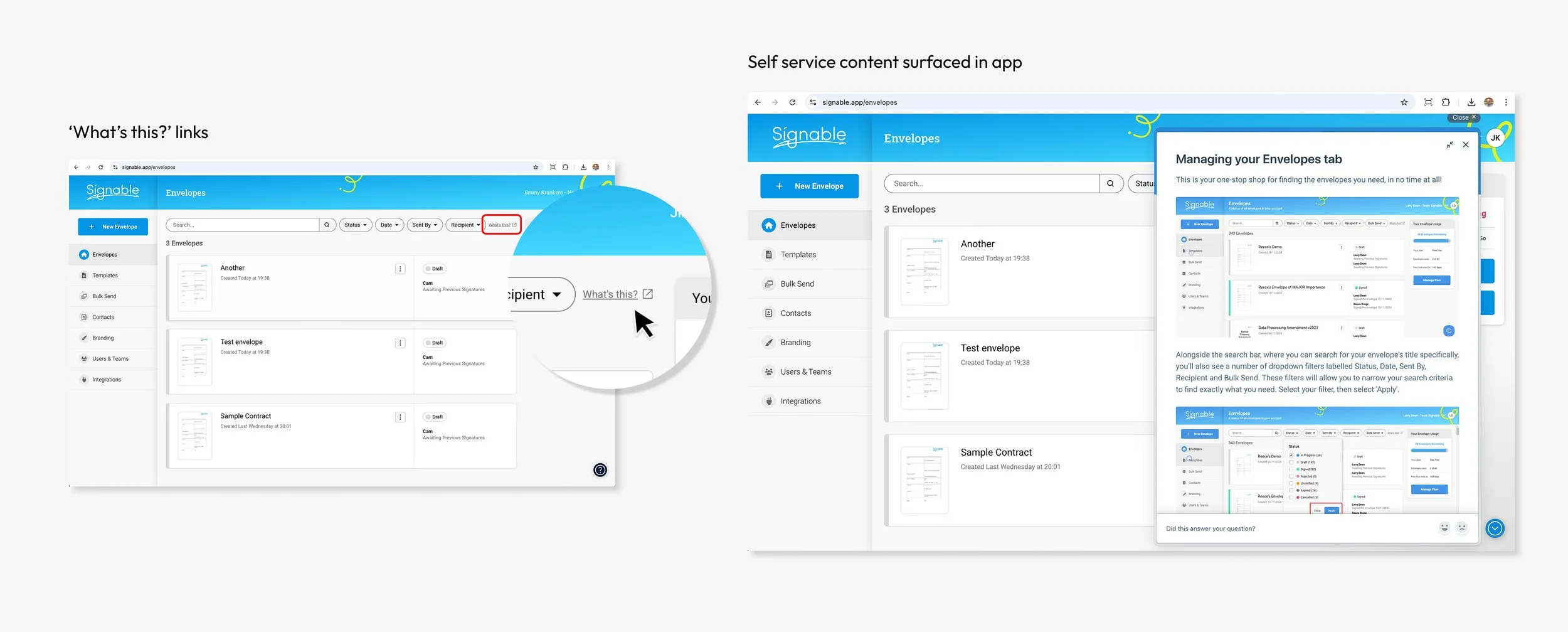 Screenshot of a web page showing a digital interface for managing email envelopes, including search filters and a manage envelopes pop-up window with various options.