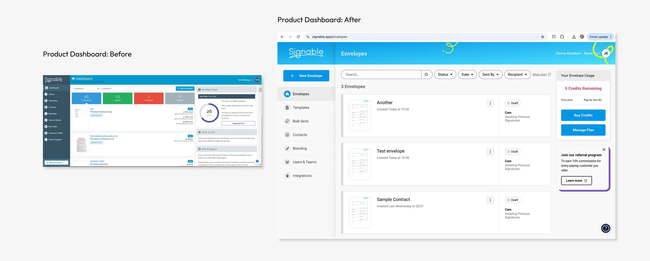 Comparison of product dashboards showing before and after views of an envelope management software interface, with the before dashboard on the left displaying various envelope statuses and the after dashboard on the right showing a cleaner, updated interface with envelope details and options.