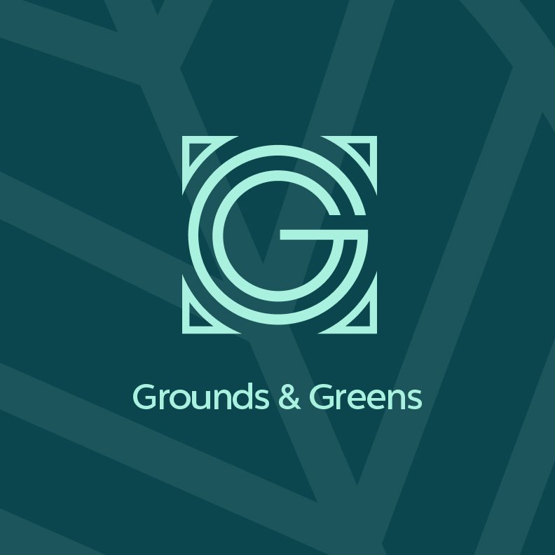 Logo with a large letter G inside a geometric frame with the text 'Grounds & Greens' below, against a dark green background with a pattern of overlapping lines.