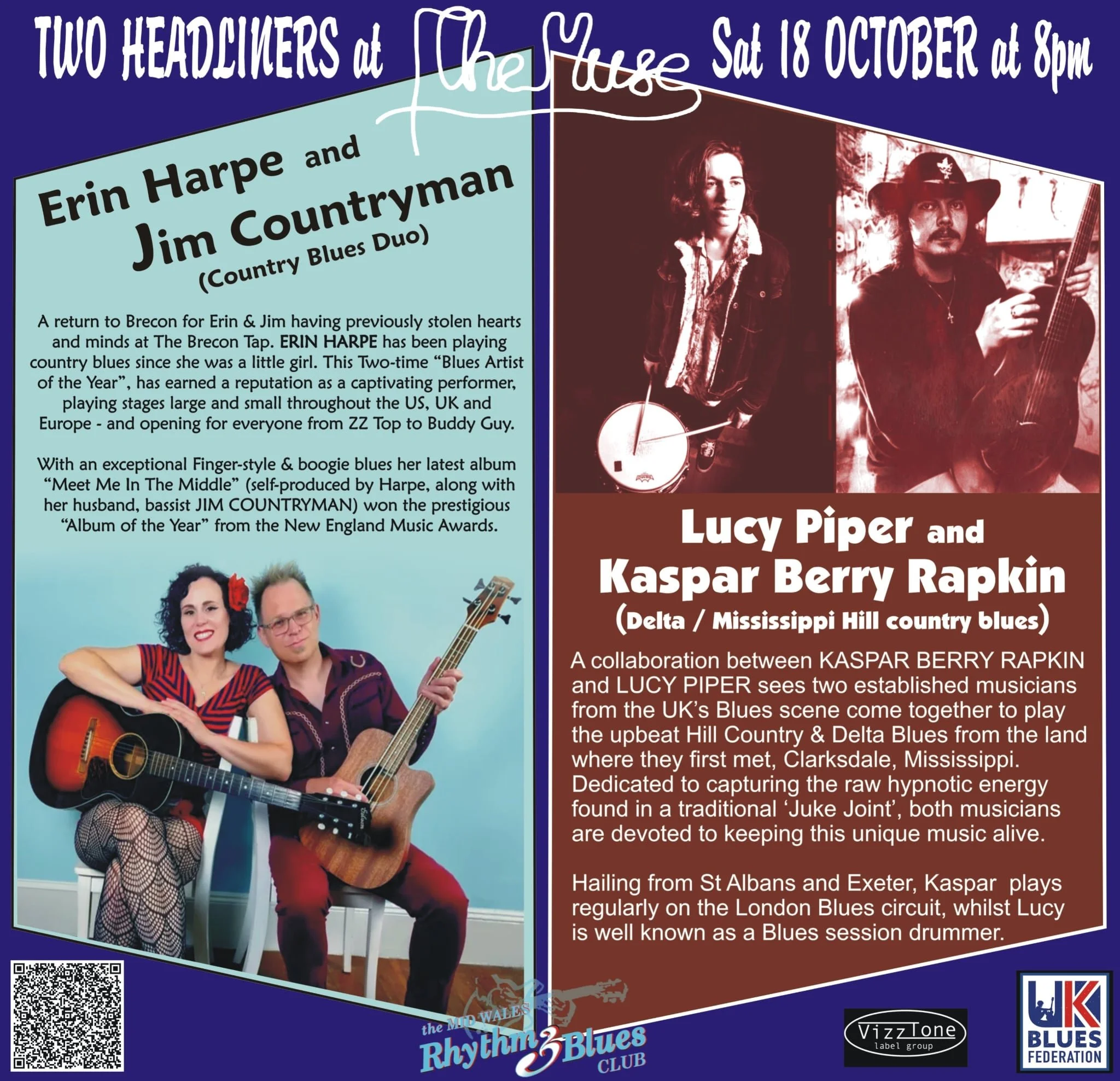 The Mid Wales R&B Club Presents *DOUBLE HEADER SHOW* Erin Harpe & Jim Countryman with Lucy Piper & Kaspar Berry Rapkin