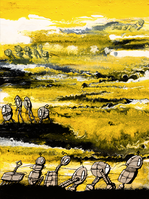 Abstract painting with yellow and black dusty background, featuring robots in a dystopian future.