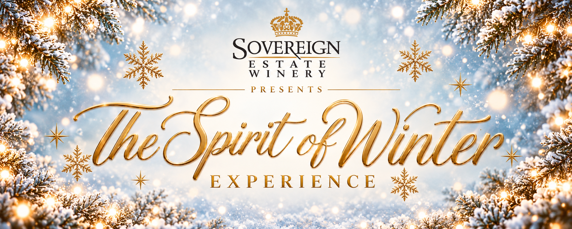 Promotional graphic for Sovereign Estate Winery featuring a snowy winter scene with snow-covered pine branches and golden snowflakes, with text reading 'Sovereign Estate Winery presents The Spirit of Winter Experience' in elegant gold script.