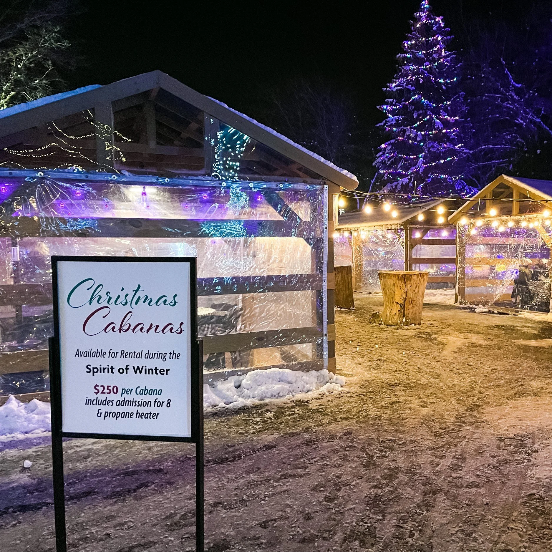 Night scene at a Christmas cabanas with a decorated Christmas tree illuminated with colorful lights in the background. An outdoor area with string lights, a sign for Christmas Cabanas, and snow on the ground. The sign advertises rental for Christmas cabanas during the winter season, priced at $250, including admission for 8 and a propane heater.
