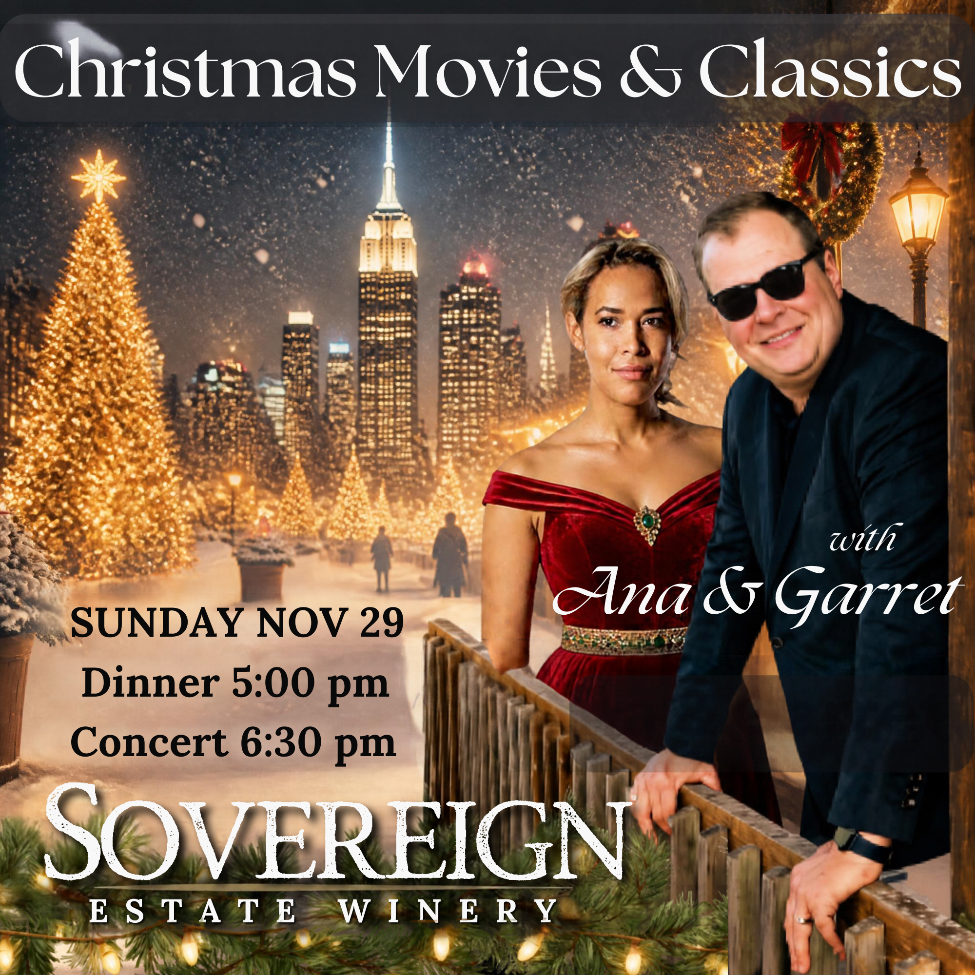 A festive holiday poster advertising a Christmas event at Sovereign Estate Winery on Sunday, November 29. The background features a cityscape with a decorated Christmas tree and snow falling, with people walking in a snowy park.