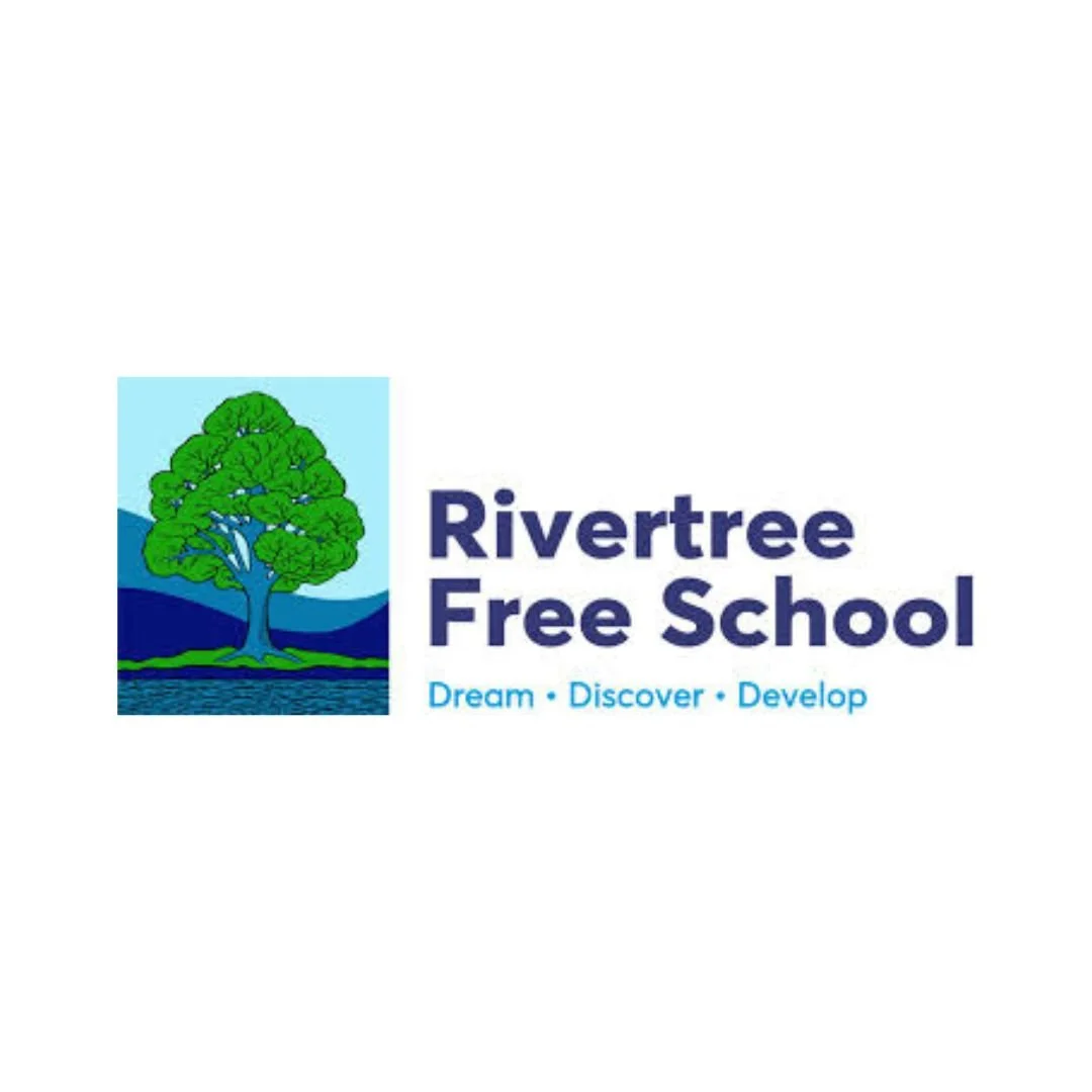 Logo for RiveRtree Free School depicting a green tree beside water with mountains in the background, and text 'Dream Discover Develop'.