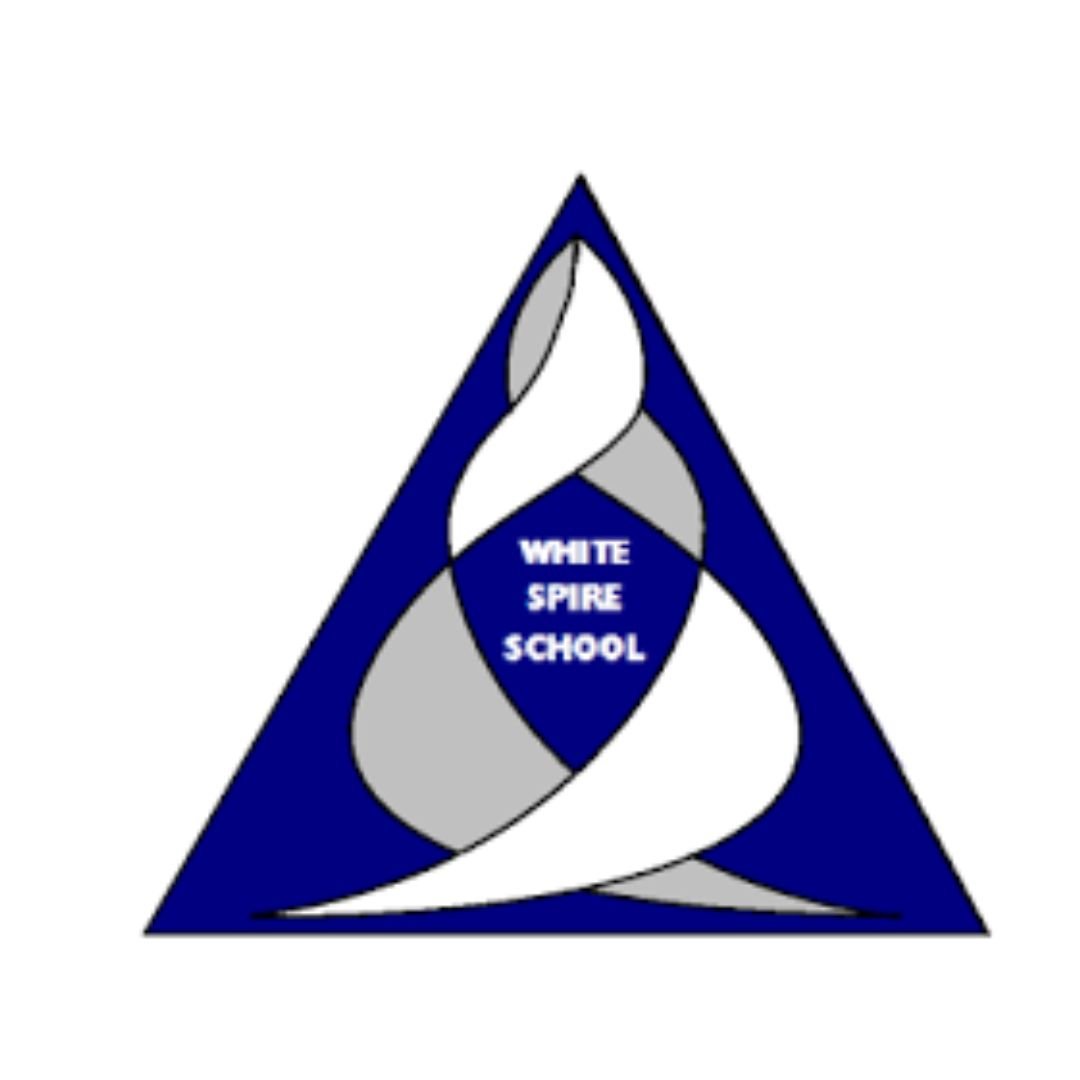Triangular logo with blue, white, and gray colors, containing the text "White Spire School" in the center.