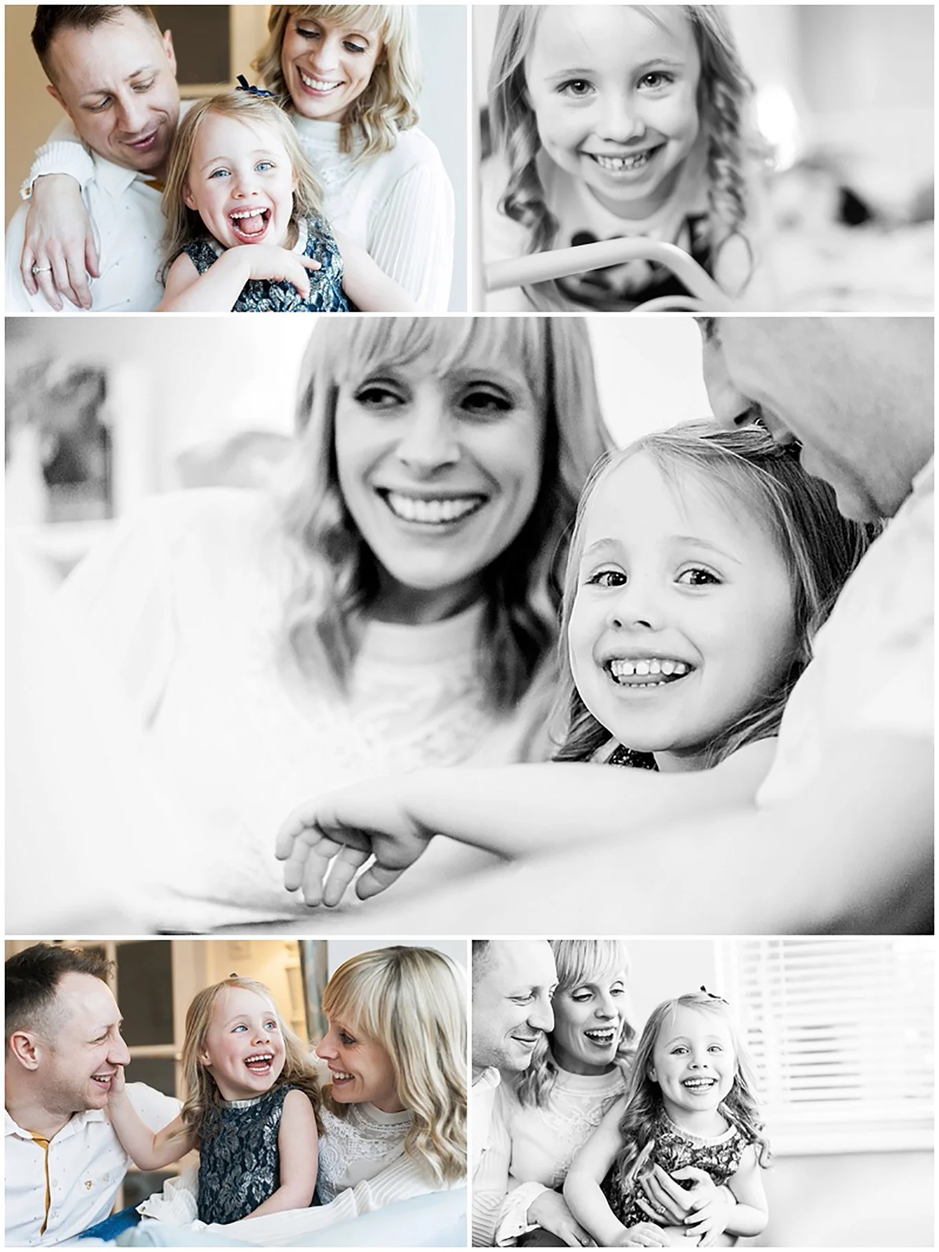 Collage of family photos showing parents and daughter smiling and laughing together, with some images in black and white and others in color.
