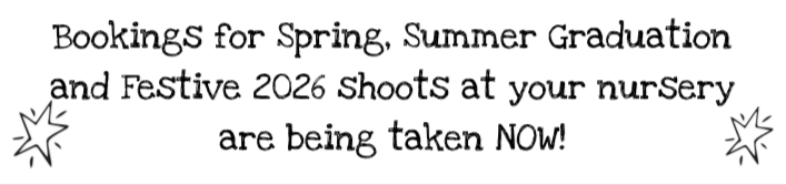 Text about bookings for spring, summer graduation, and festive 2026 shoots at a nursery, with decorative stars.