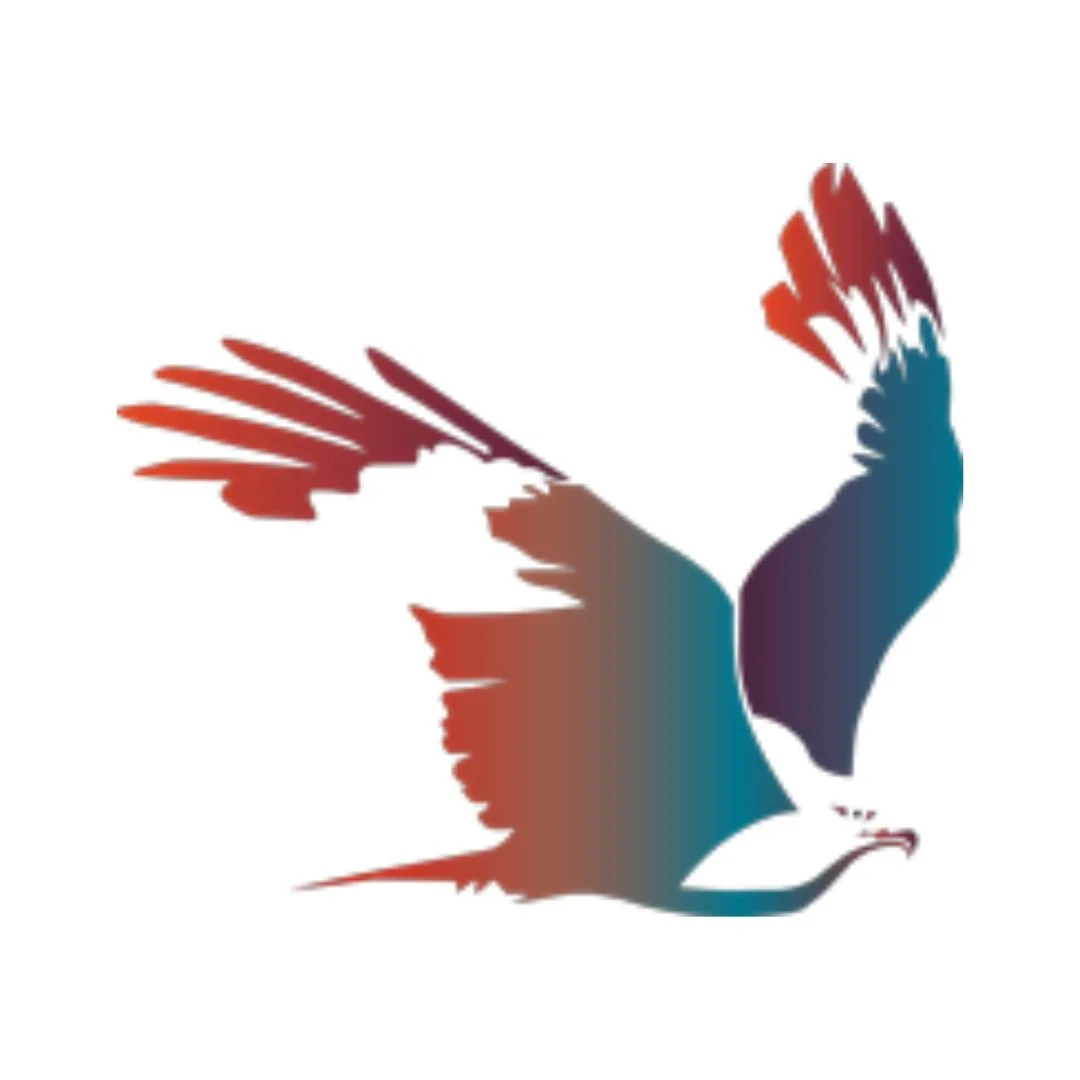 Stylized eagle with wings spread, gradient colors from red to blue.