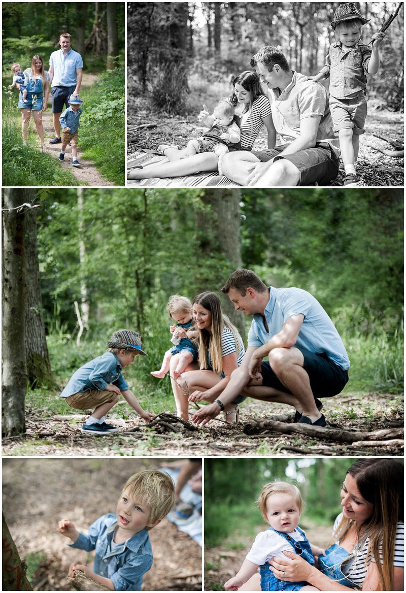 Family enjoying outdoor activities in the woods, including walking, sitting, and playing.