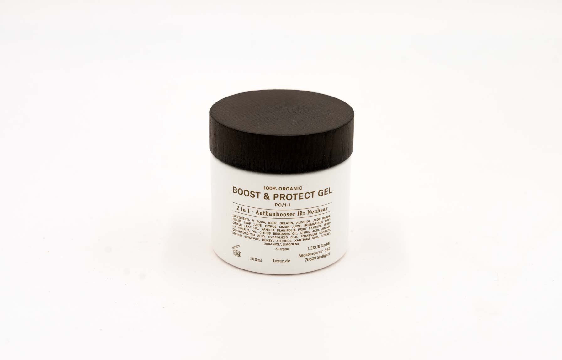 Das Lexur Boost & Protect Gel: ein 100ml Döschen mit edlem Holzdeckel dünnes Haar Rückseite