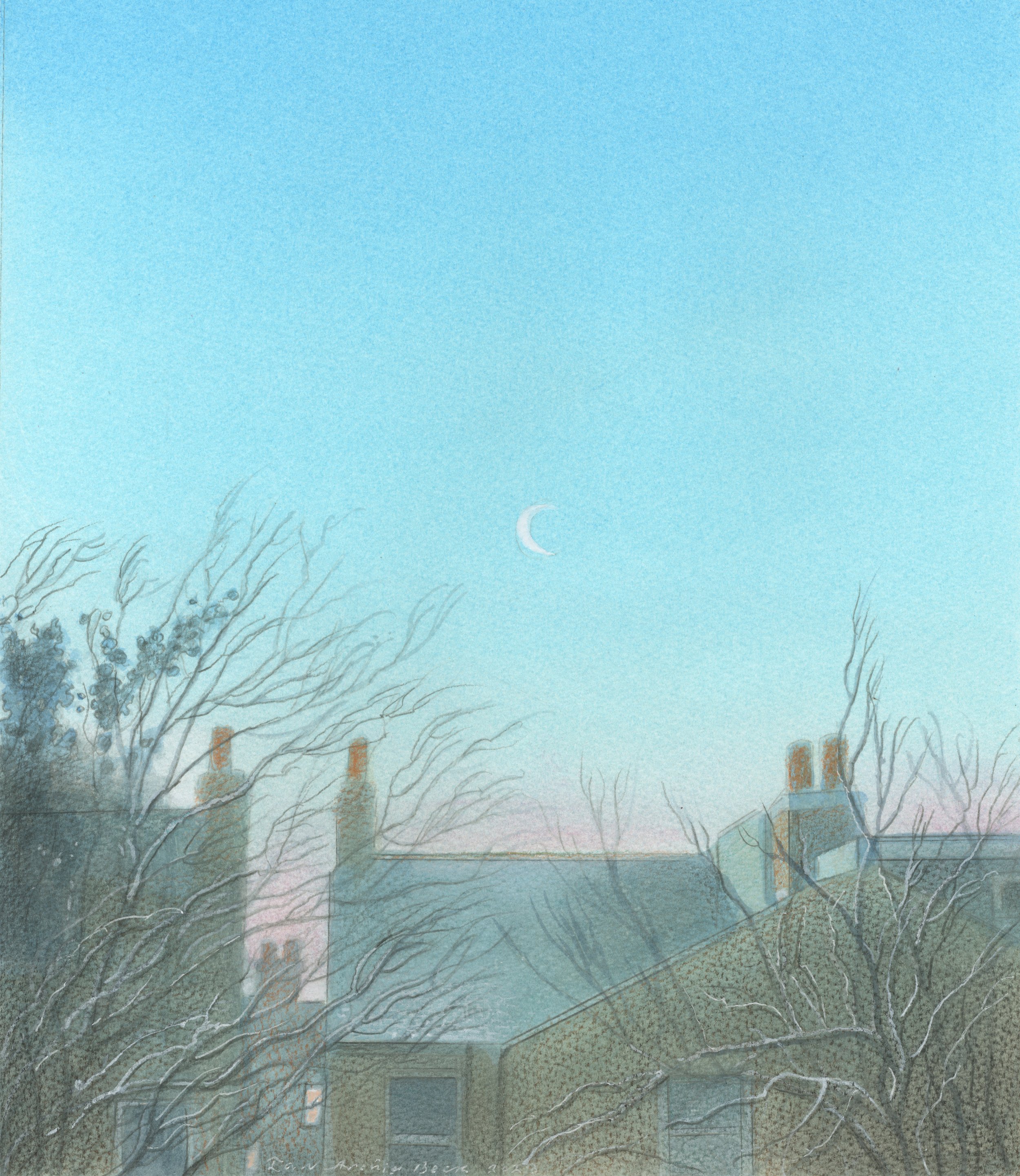 Daytime Moon over the Garden St Margarets 2023: watercolour and pencil
