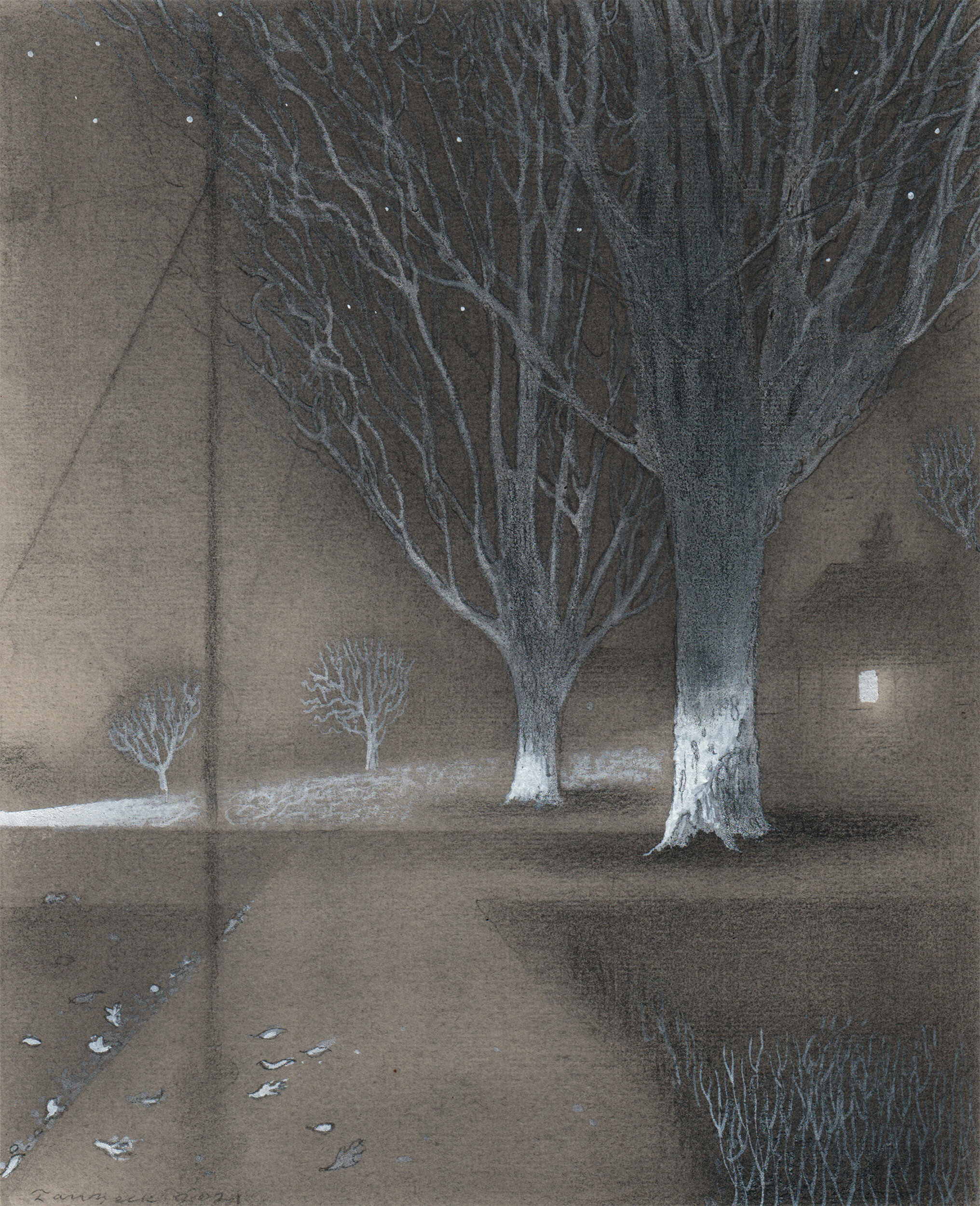 Winter Headlights Isleworth: black crayon and body colour 2020